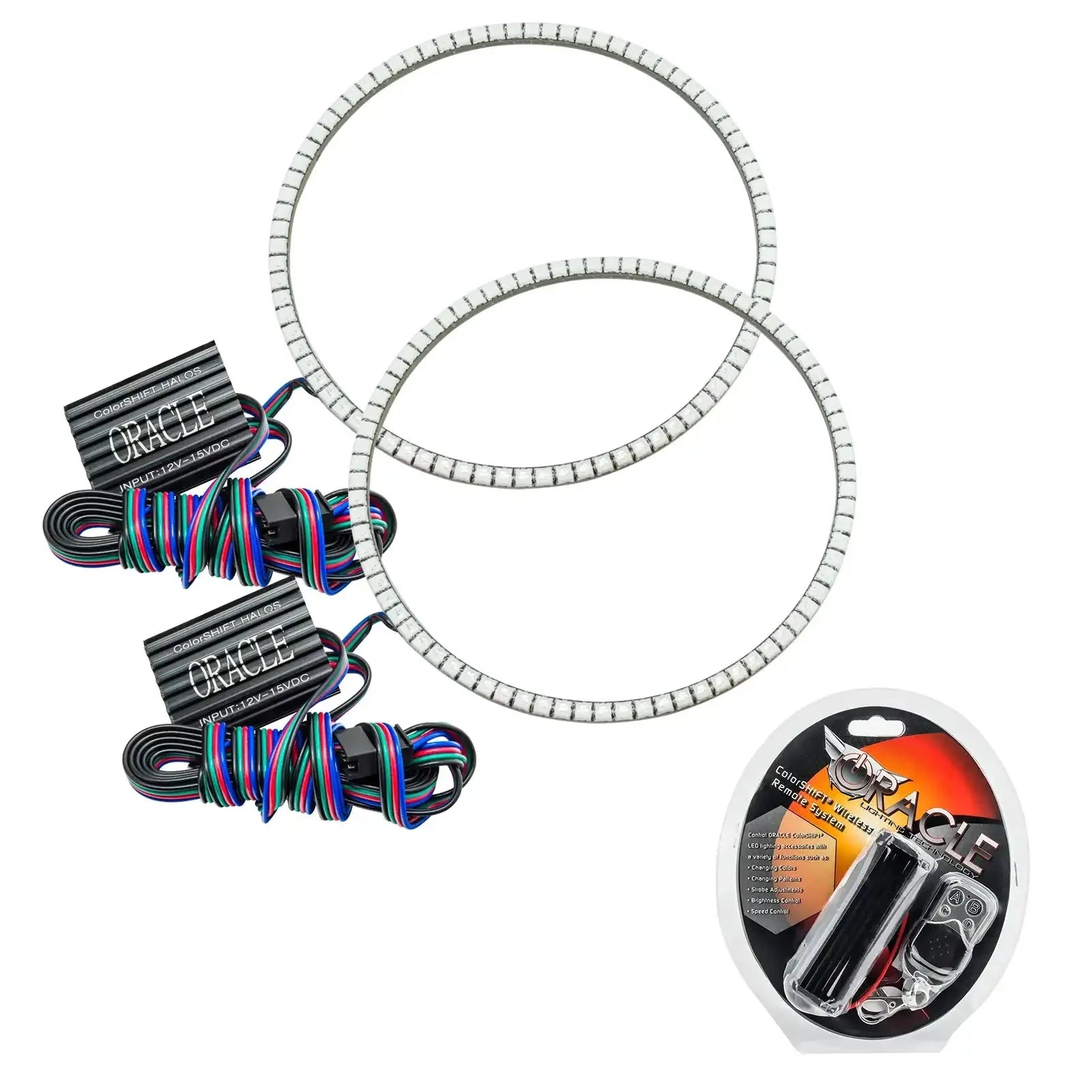LED halo ring light kit with wiring and remote for off-road vehicle headlights