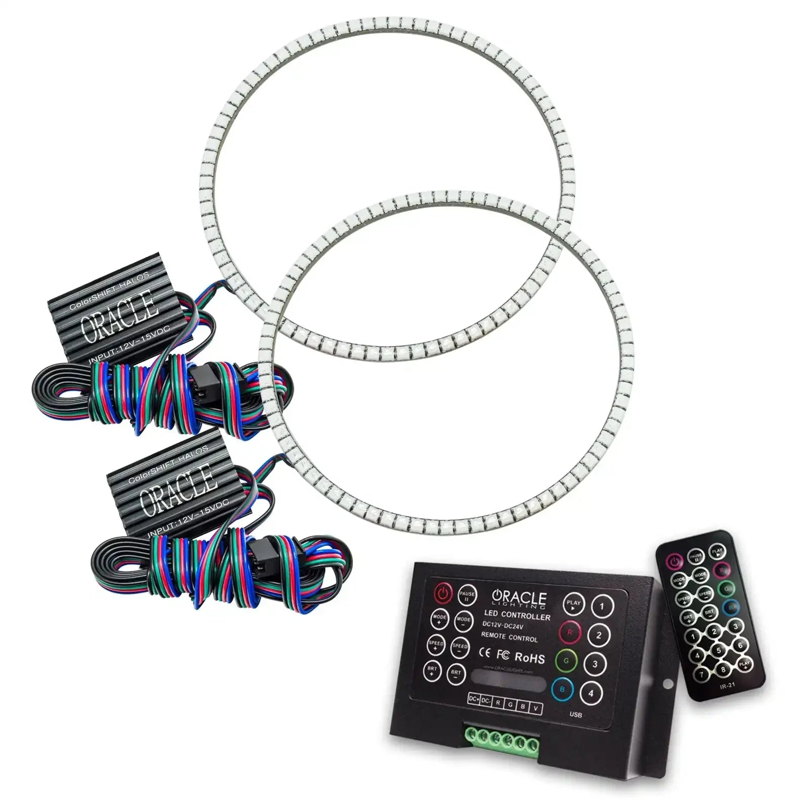 LED halo ring headlight kit with remote and wiring for off-road vehicles