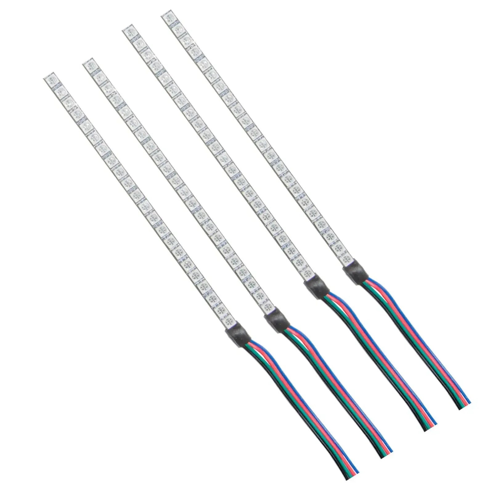 Four flexible RGB LED light strips with multicolor wires for automotive or camping use