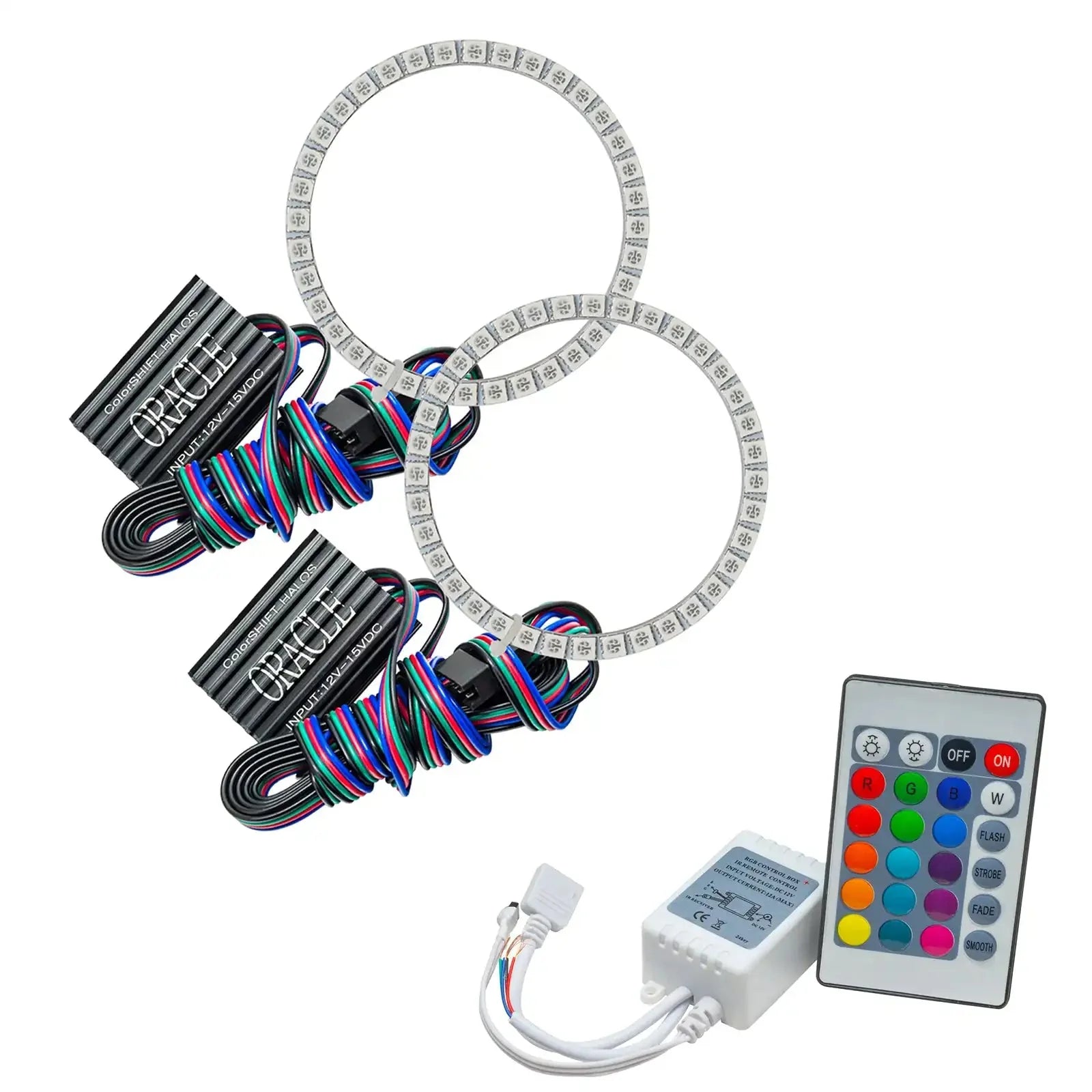 RGB LED halo ring kit with wiring, controller, and remote for vehicle headlights