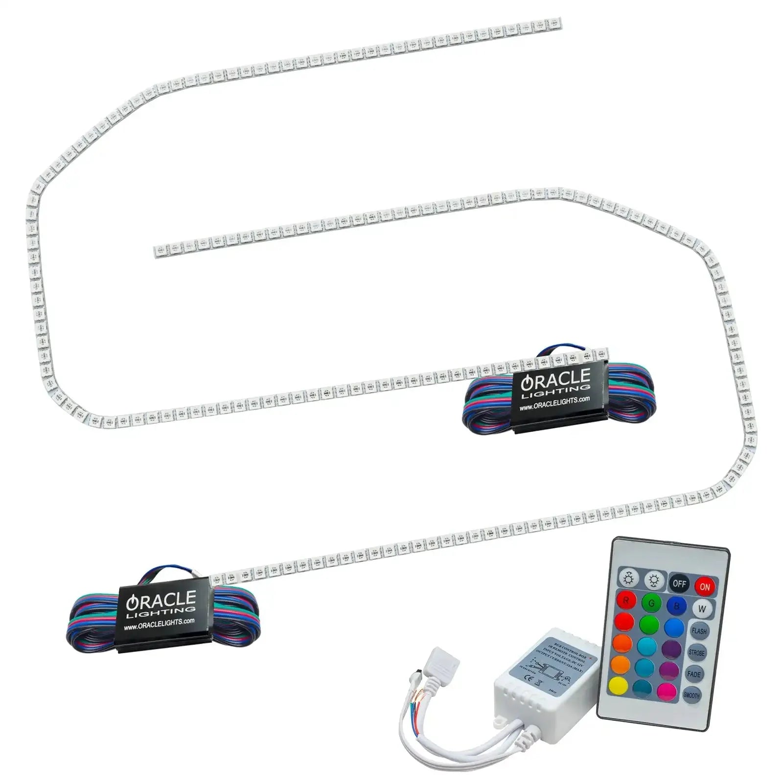 LED strip light kit with remote control for off-road vehicle interior or exterior lighting.