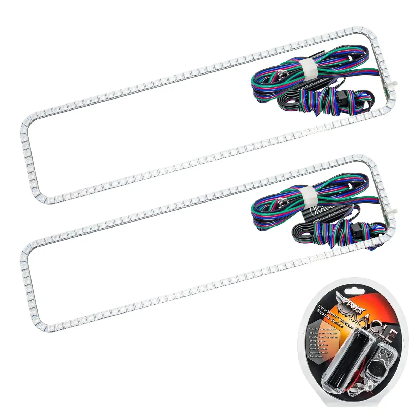 Pair of rectangular LED light strips with wiring and remote for vehicle accessory lighting