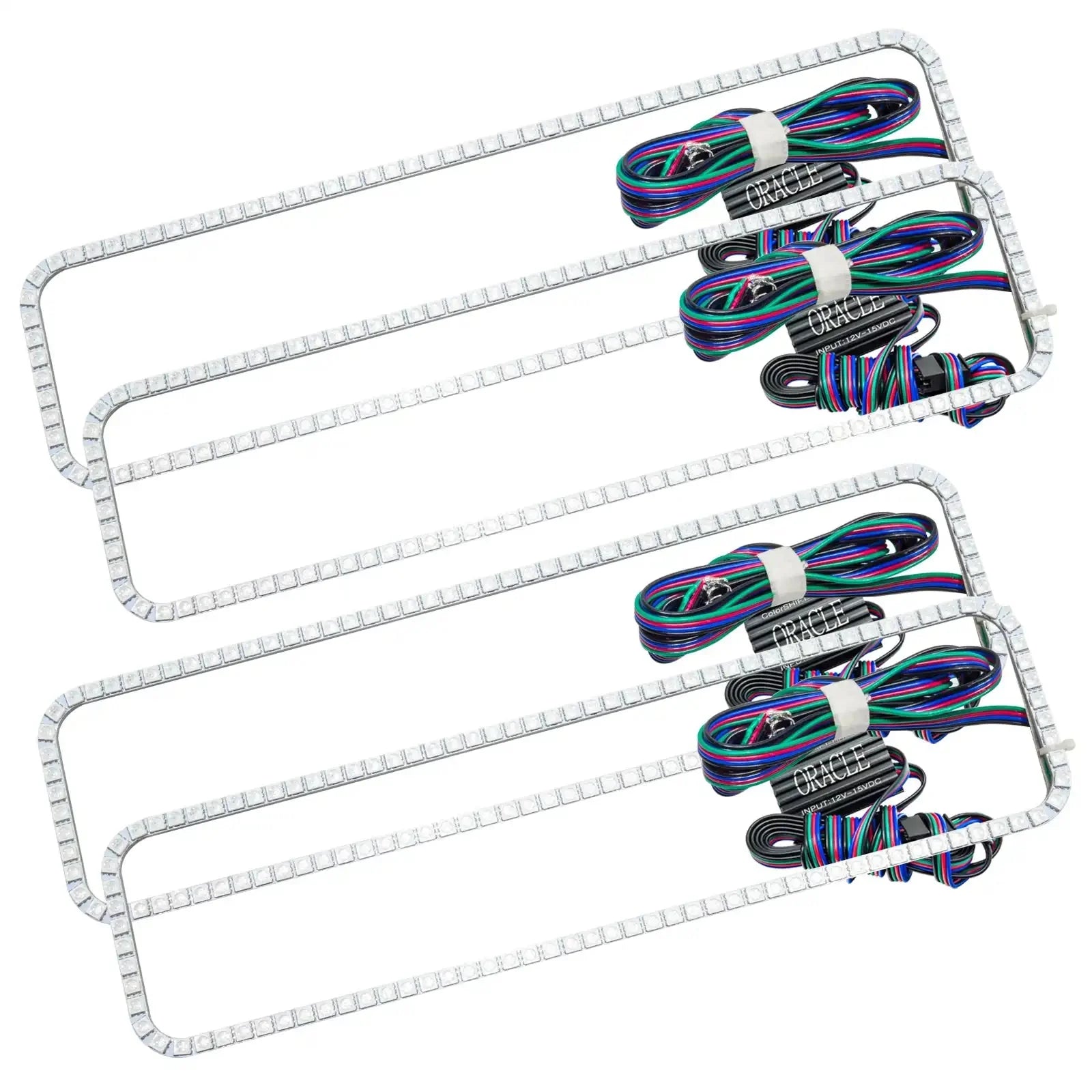 Set of four rectangular LED light strips with attached wiring for vehicle exterior customization