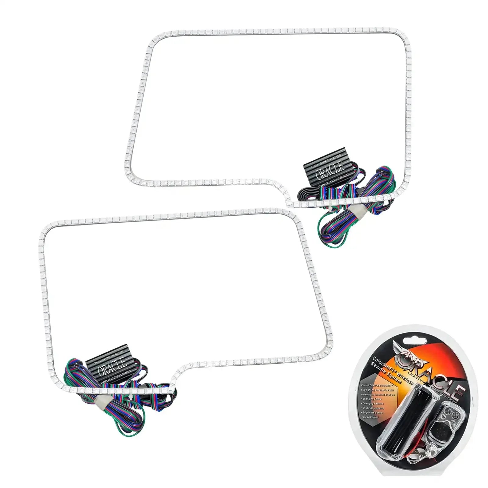 Pair of rectangular LED halo headlight kits with controller and wiring for trucks or SUVs