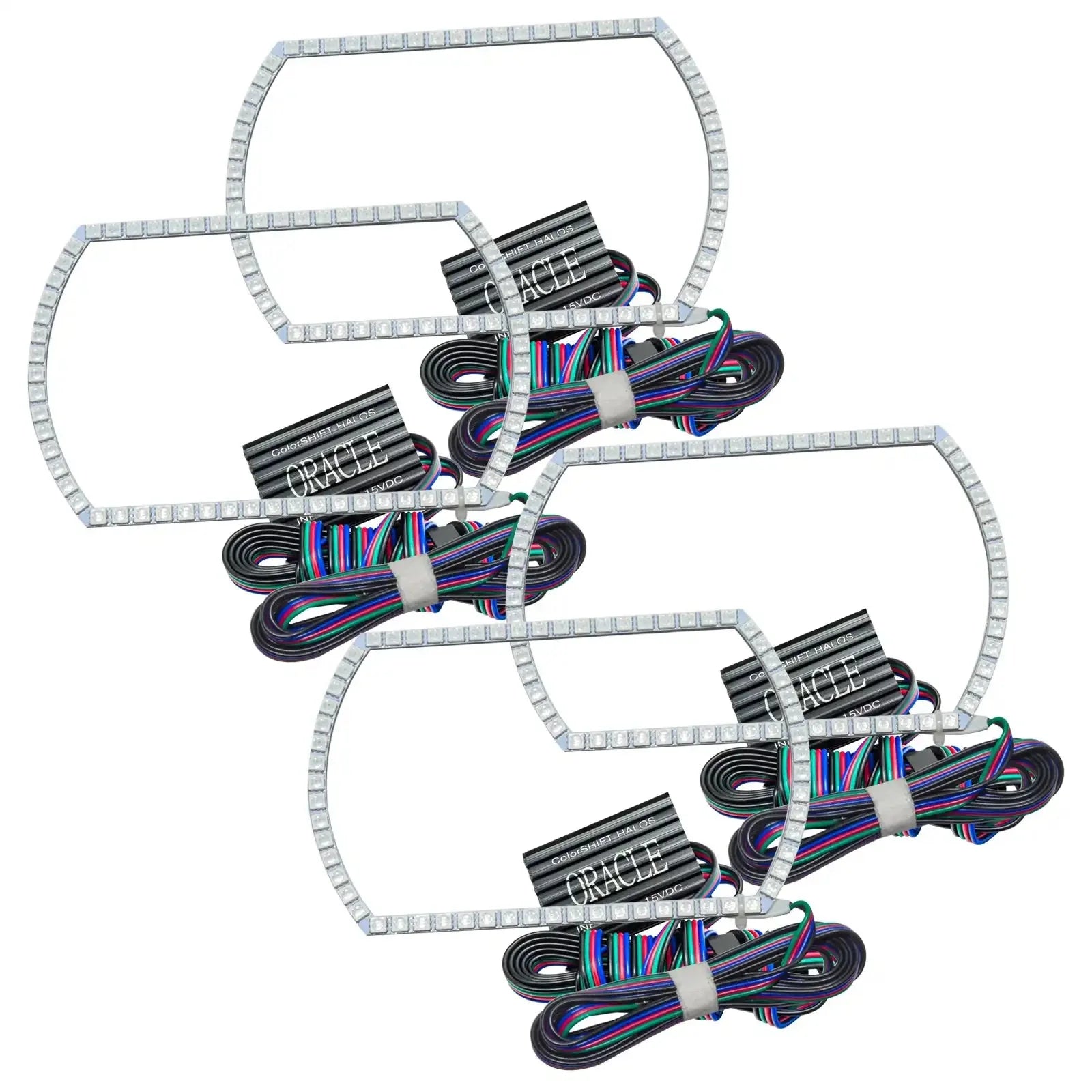Set of four LED headlight halo rings with wiring for off-road vehicles and trucks