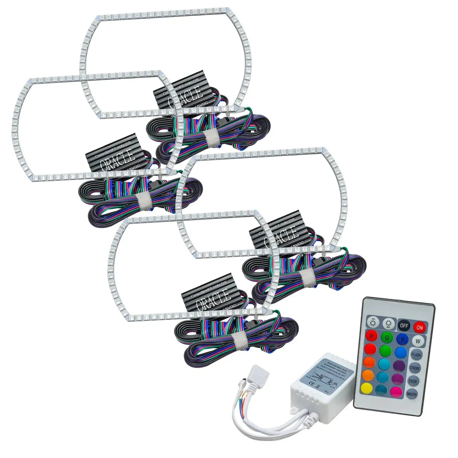 RGB LED headlight halo ring kit with wiring, controller, and remote for off-road vehicles