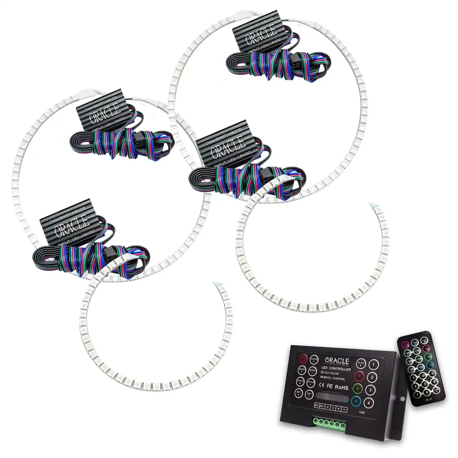 RGB LED halo ring headlight kit with remote and controller for off-road vehicles