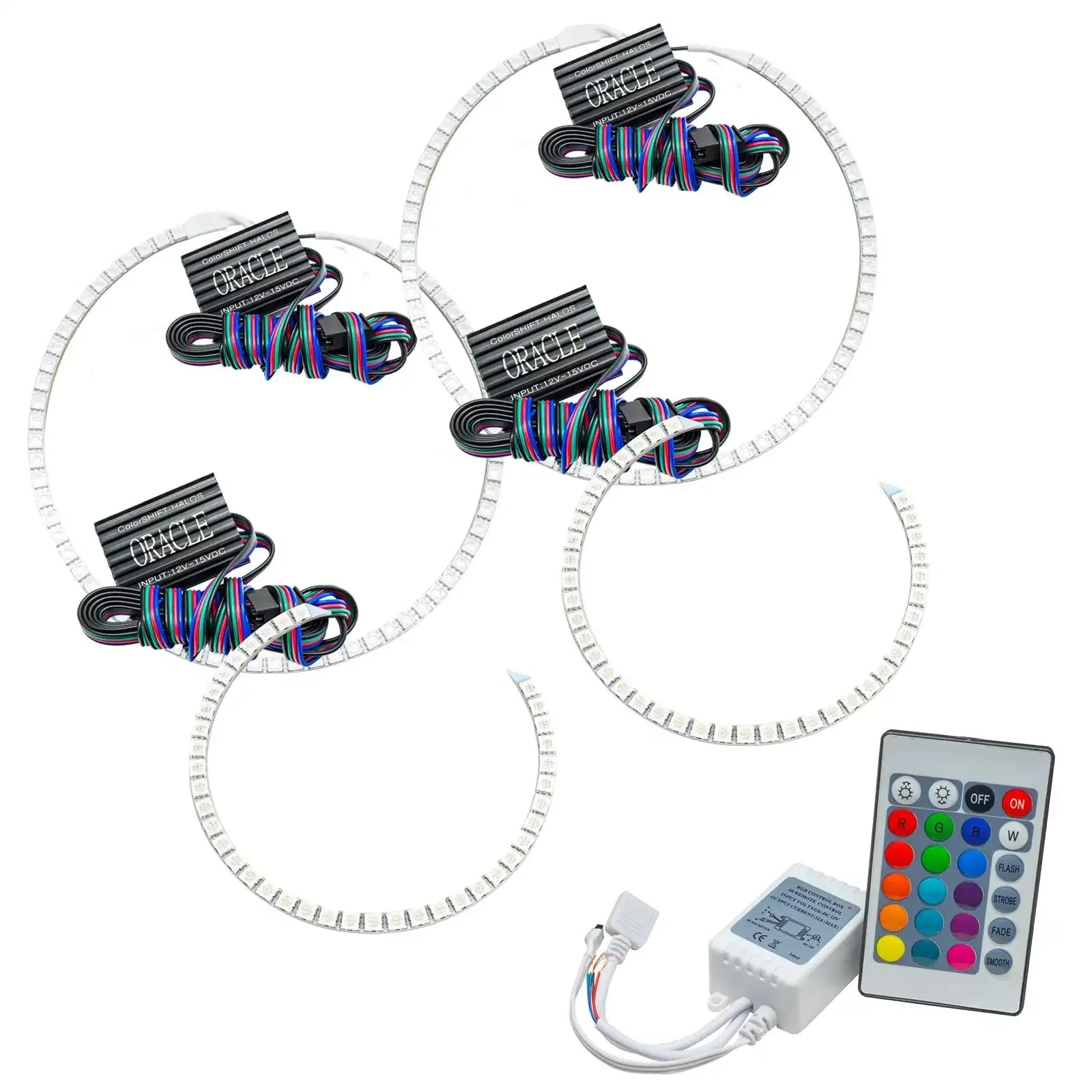 RGB LED halo ring light kit with wiring and remote control for vehicle headlights