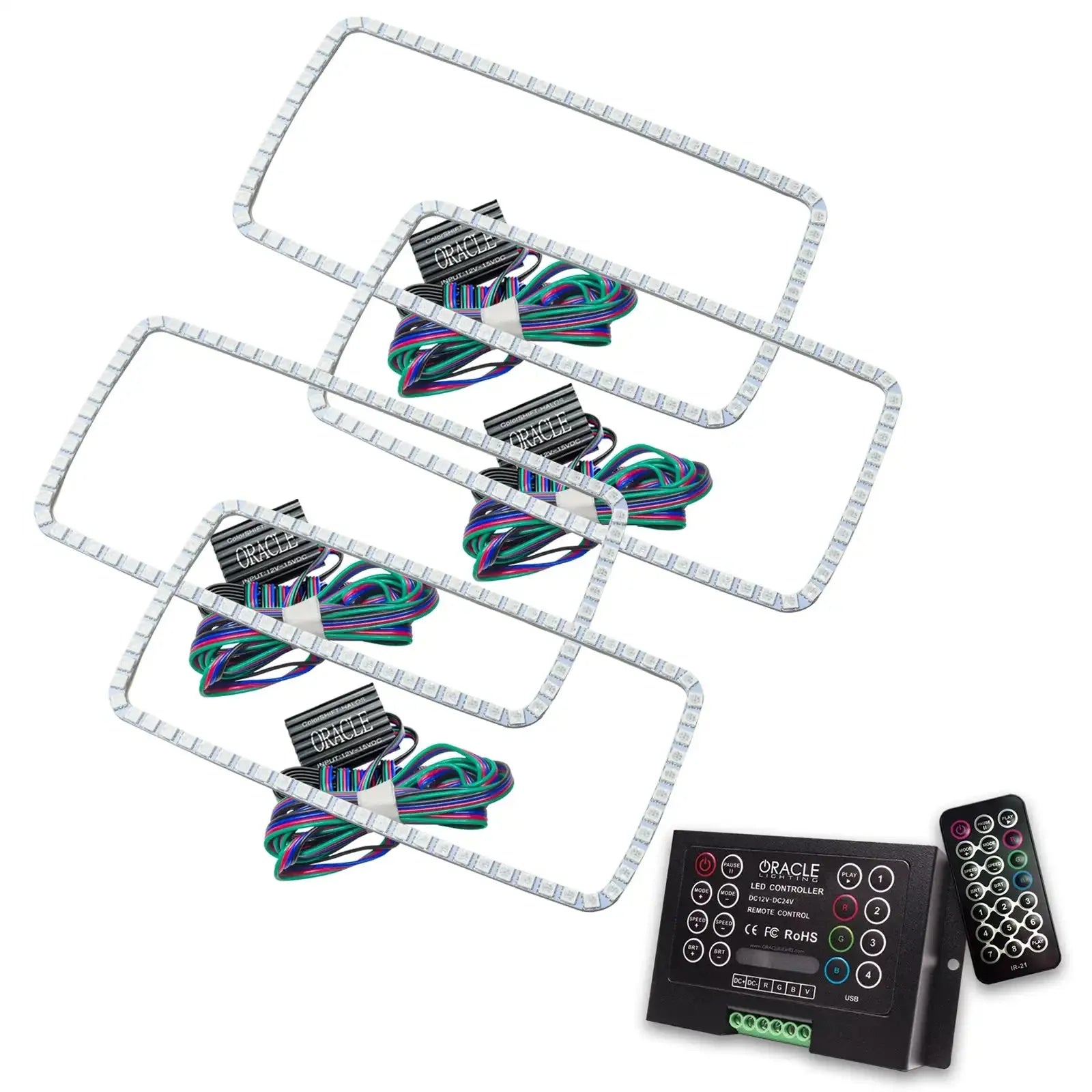 Rectangular RGB LED headlight halo kit with wiring, controller, and remote for off-road vehicles