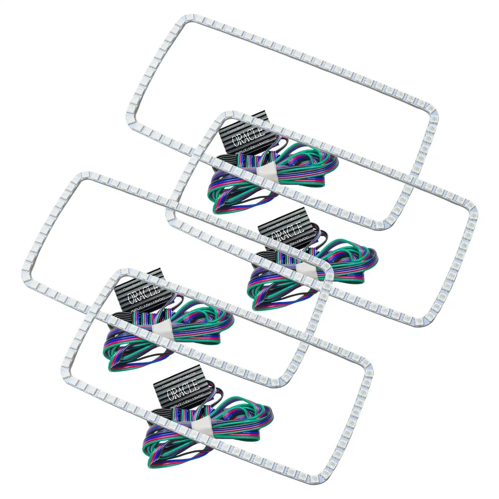Four rectangular LED headlight halo kits with wiring for off-road vehicle customization