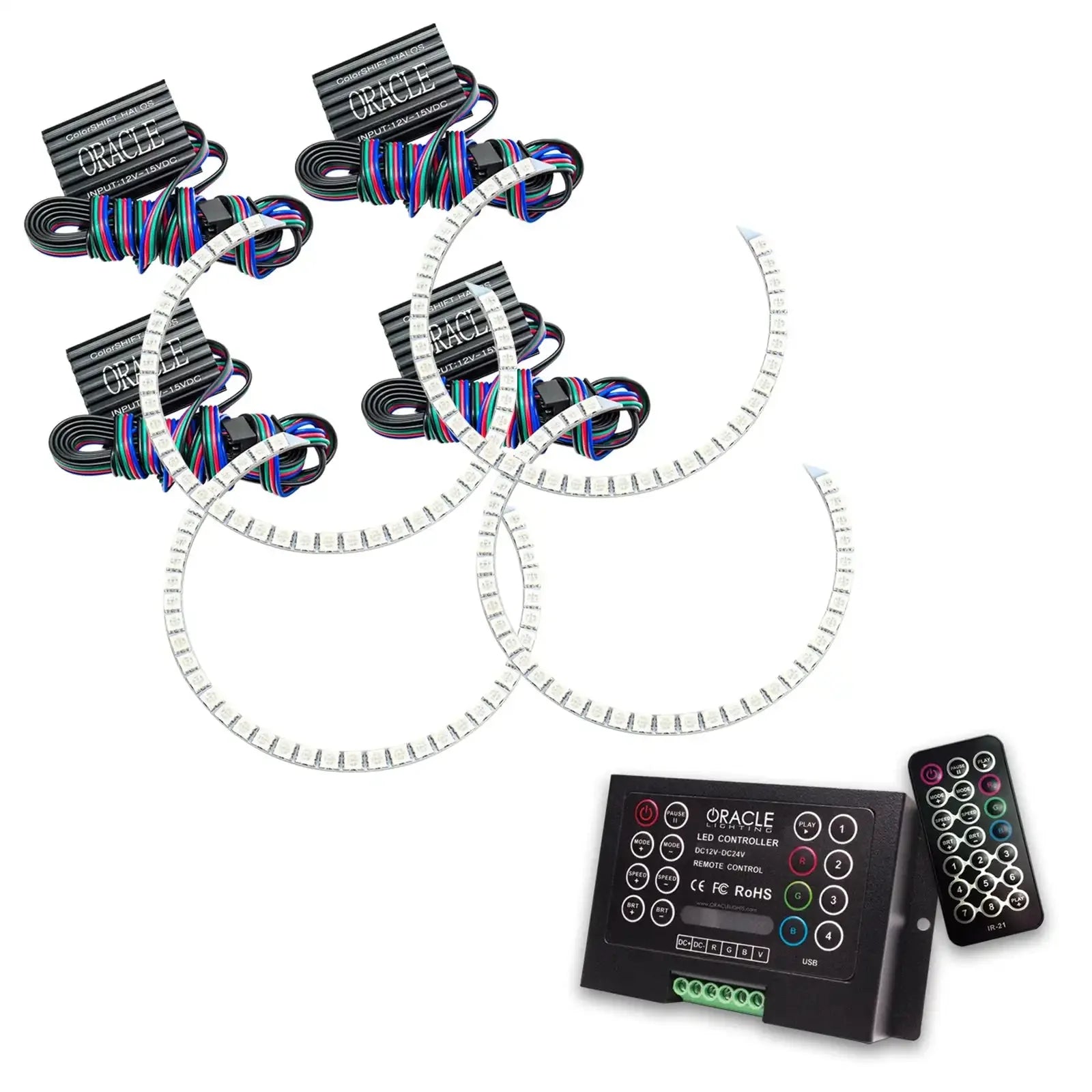 RGB LED halo rings kit with wiring, controller, and remote for vehicle headlights