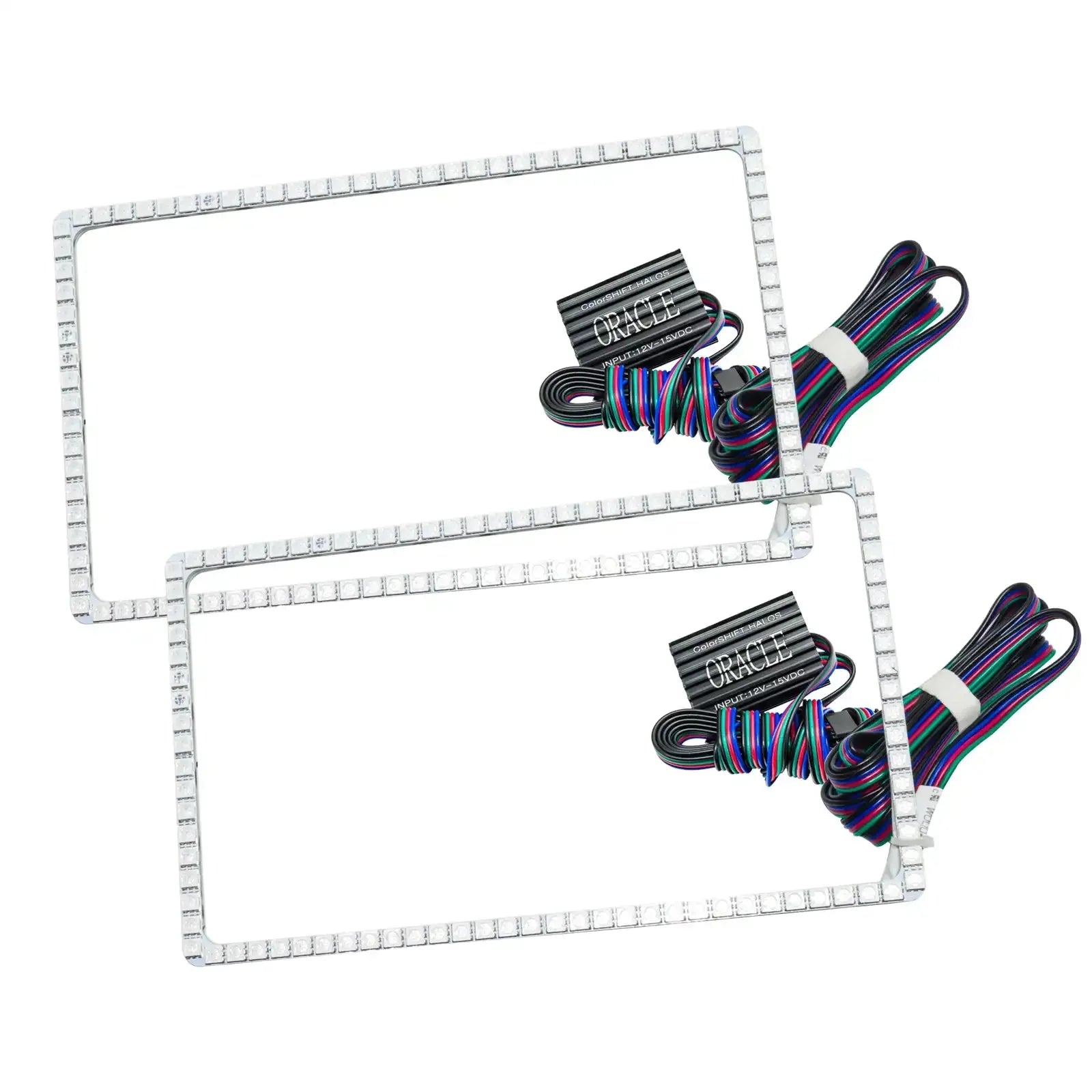 Pair of rectangular RGB LED headlight halo kits with wiring for off-road vehicles
