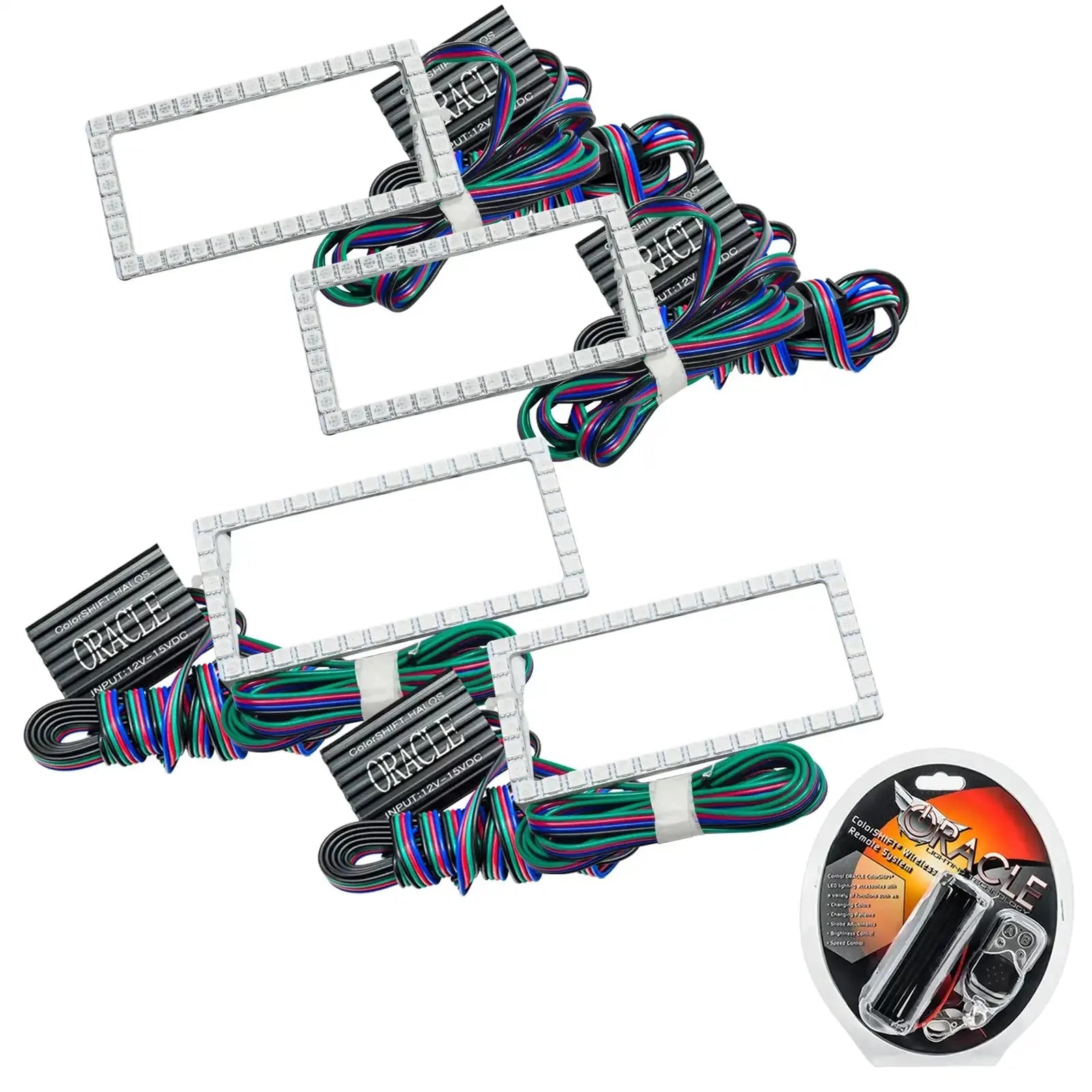RGB LED light kits with wiring for vehicle headlight or tail light customization, remote included