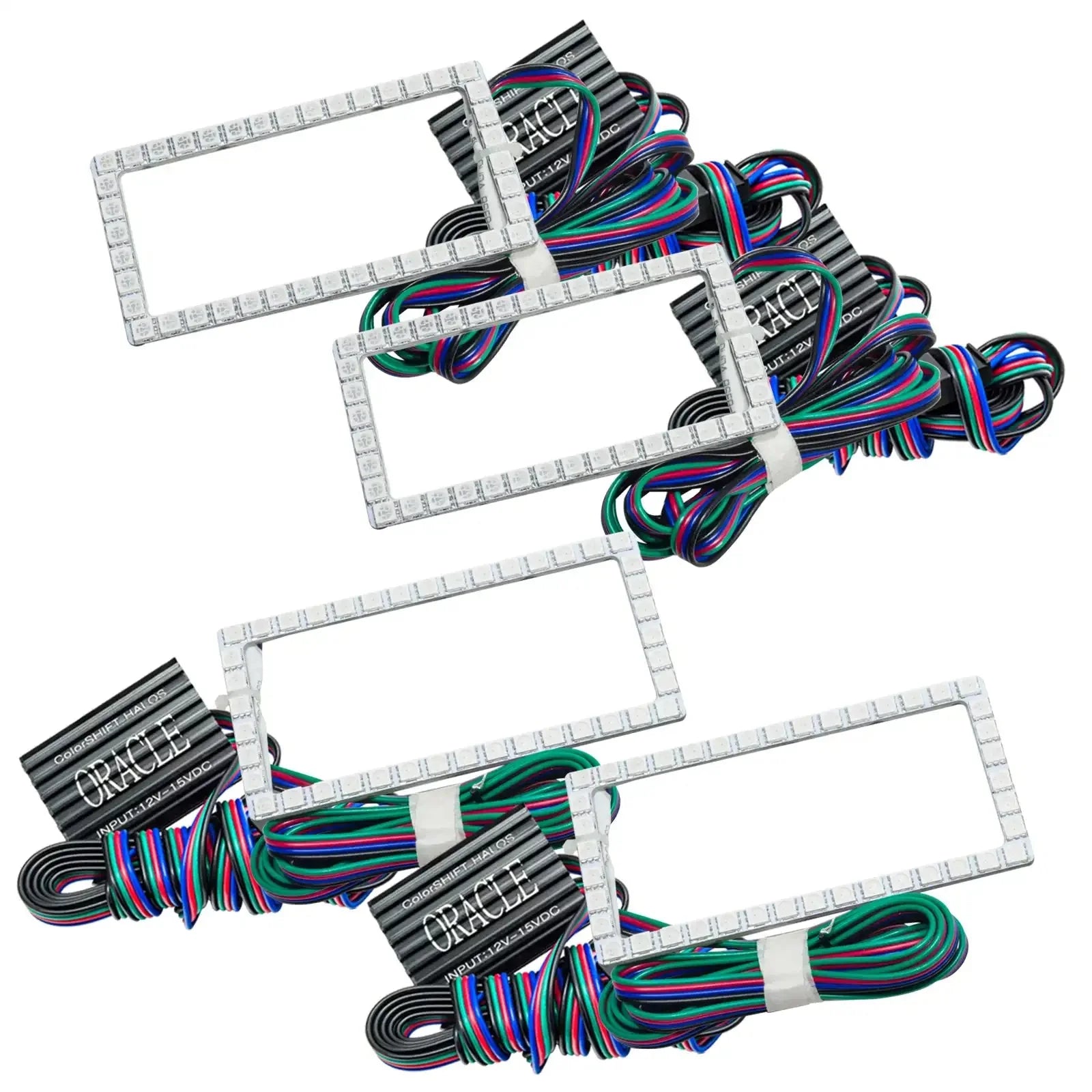Set of rectangular LED halo light kits with multicolor wiring for off-road vehicles.