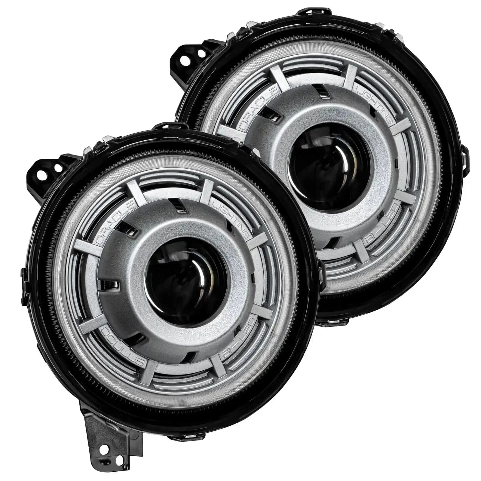 Pair of round LED off-road headlights with black and silver housing for Toyota or Jeep vehicles