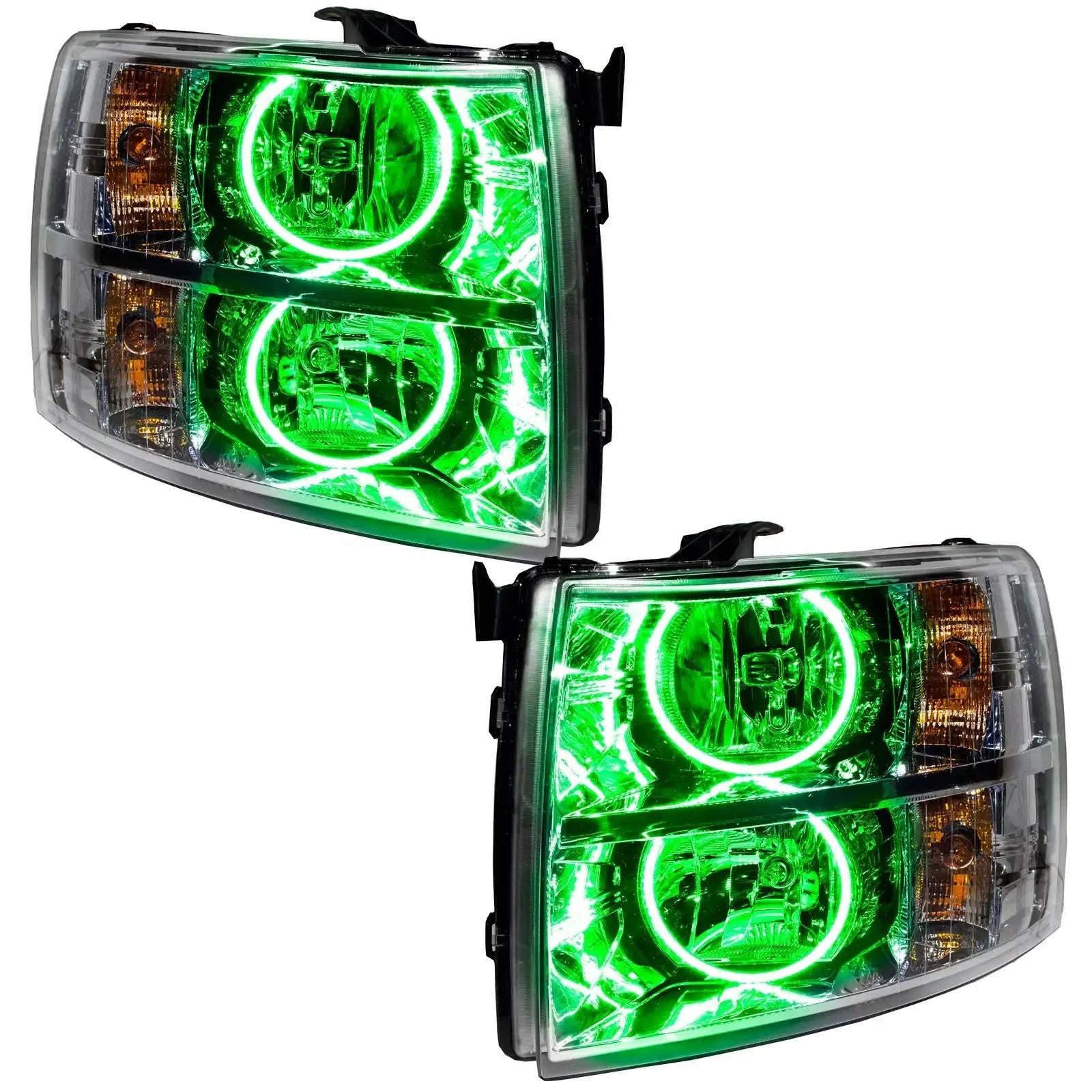 Pair of green LED halo projector headlights with amber reflectors for trucks and SUVs