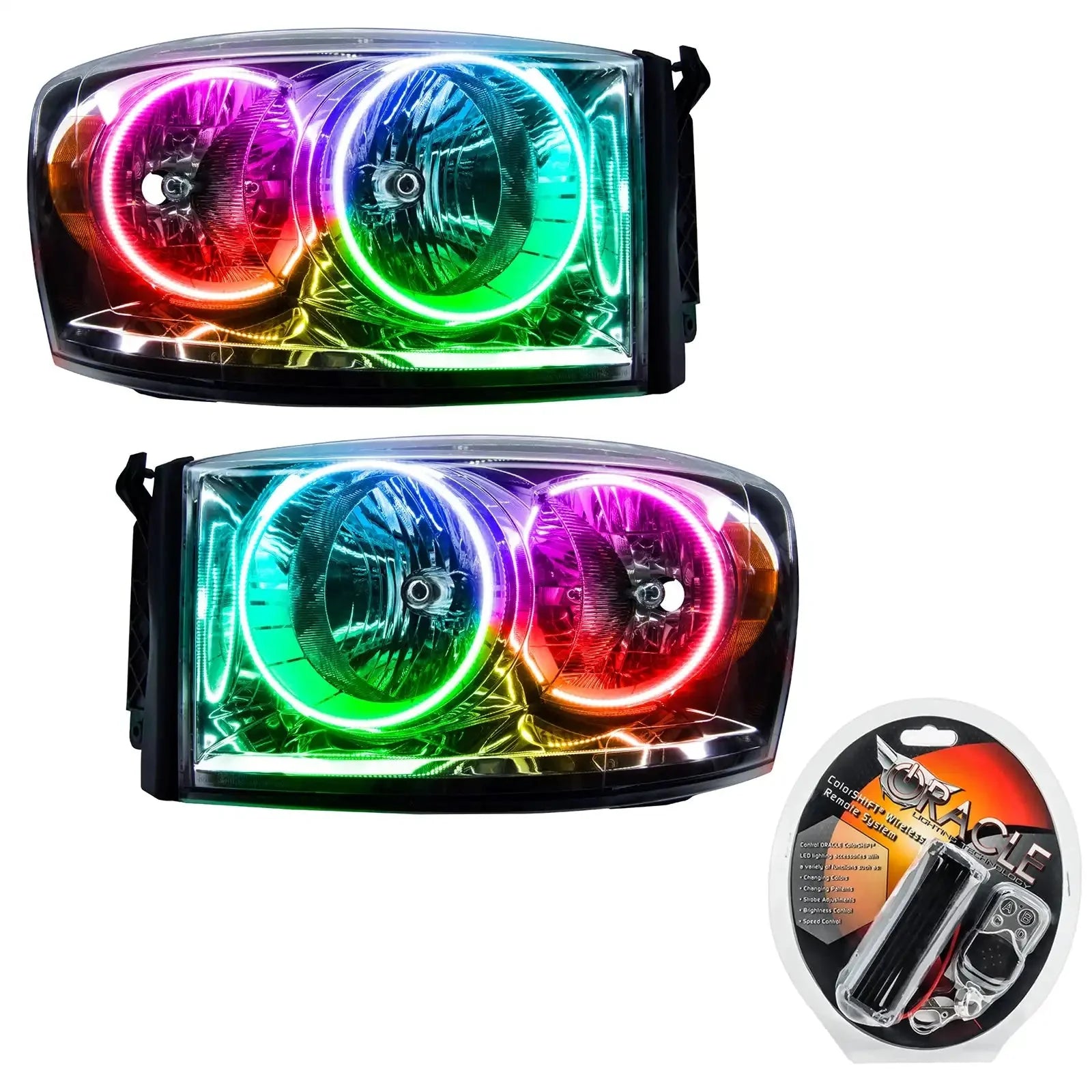Pair of LED halo projector headlights with remote, multi-color rings for trucks or SUVs