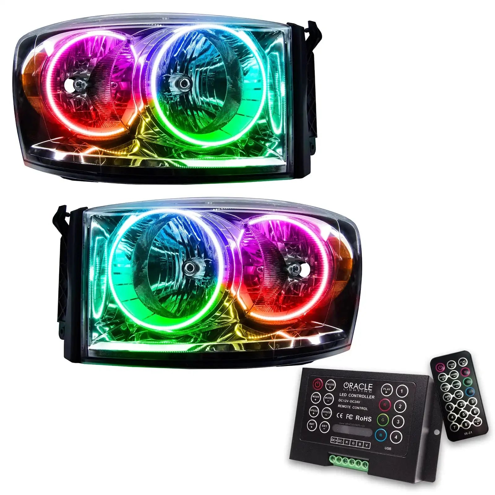 Pair of LED RGB halo projector headlights with controller and remote, vehicle accessory upgrade
