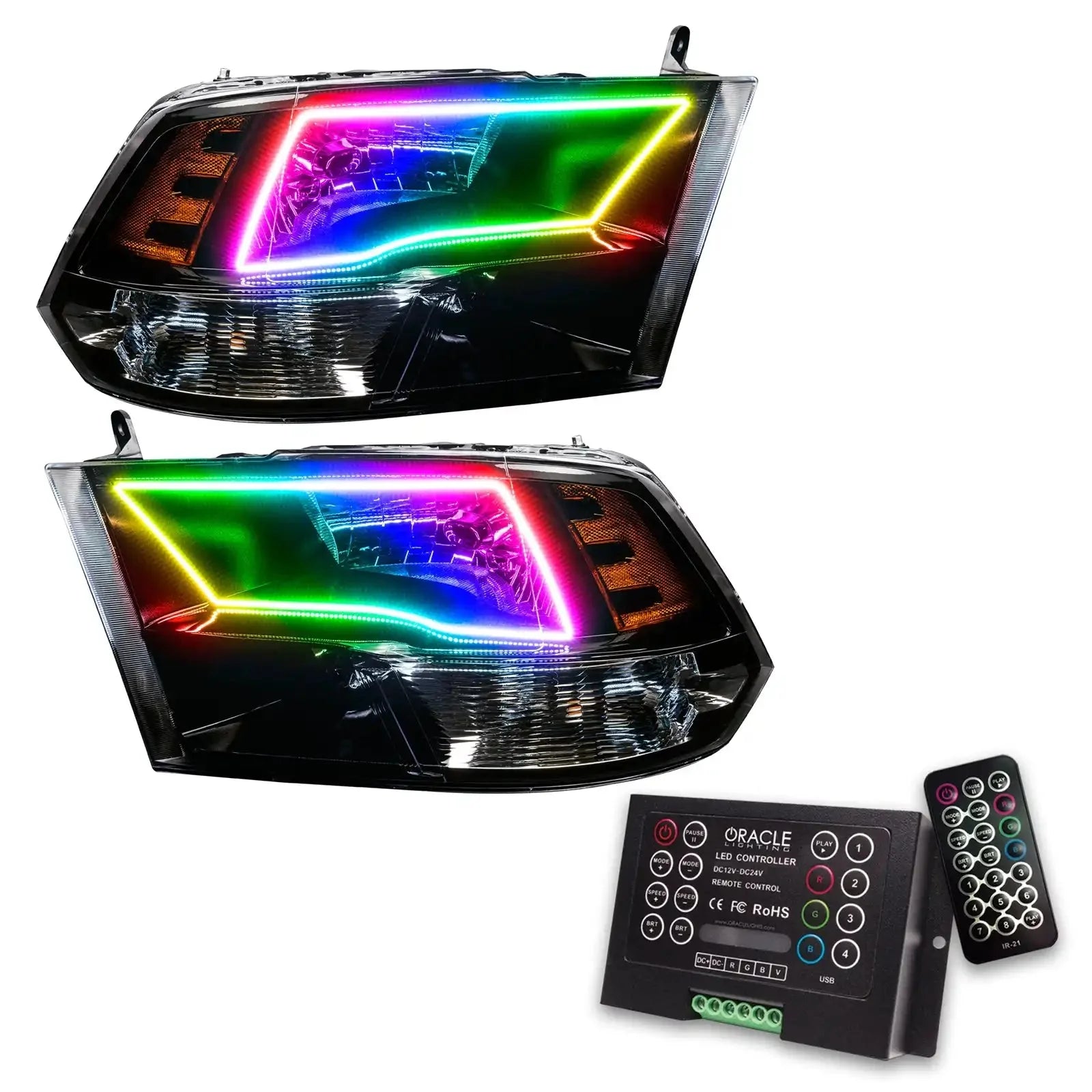 Pair of RGB LED projector headlights with controller and remote for off-road vehicles