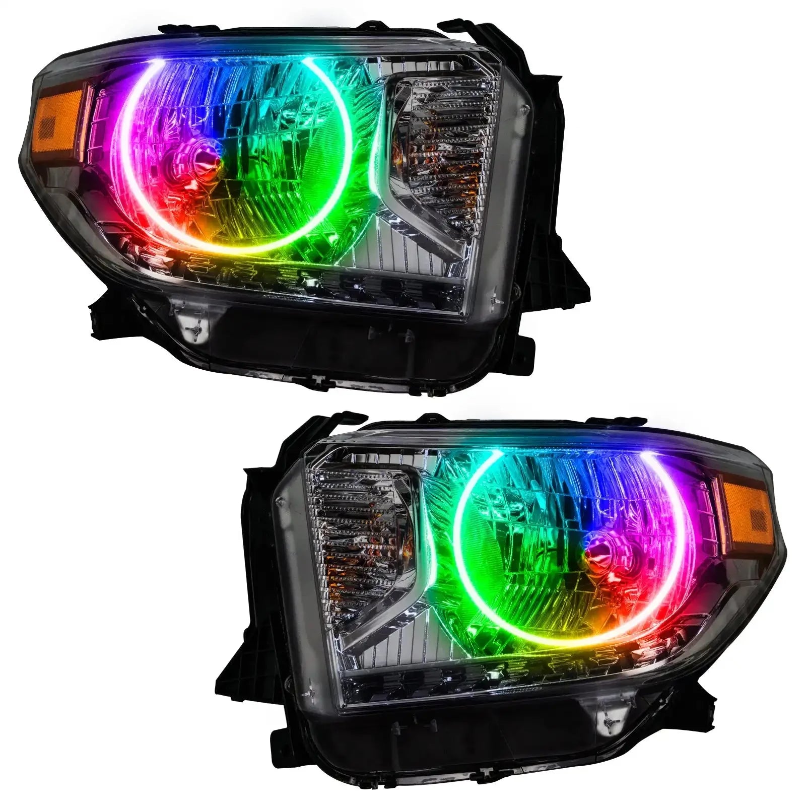 Pair of multi-color LED halo headlights for Toyota Tacoma, close-up on white background