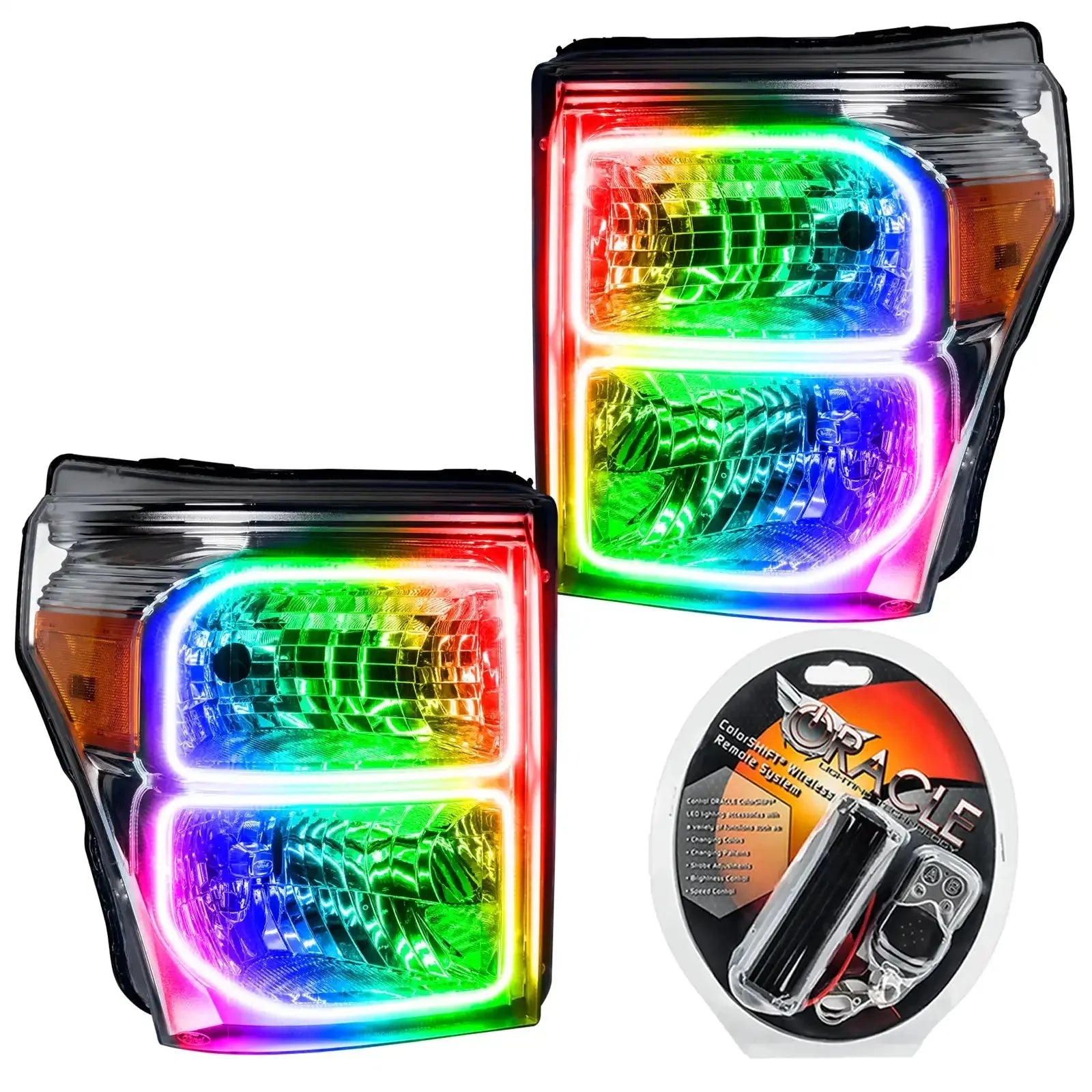 Pair of multicolor LED halo headlights with remote control kit for off-road vehicles