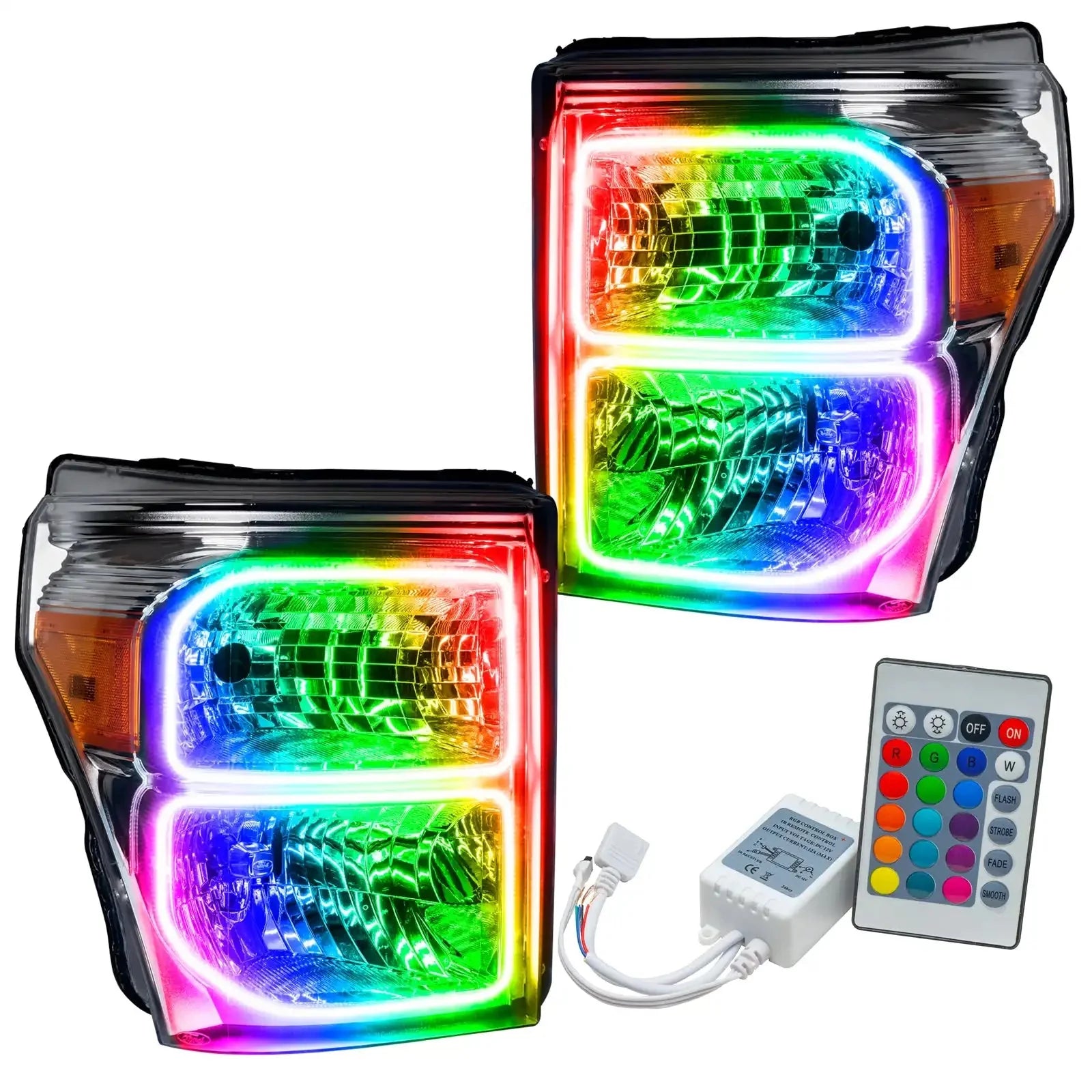 Pair of multicolor LED truck headlights with remote control for off-road vehicles