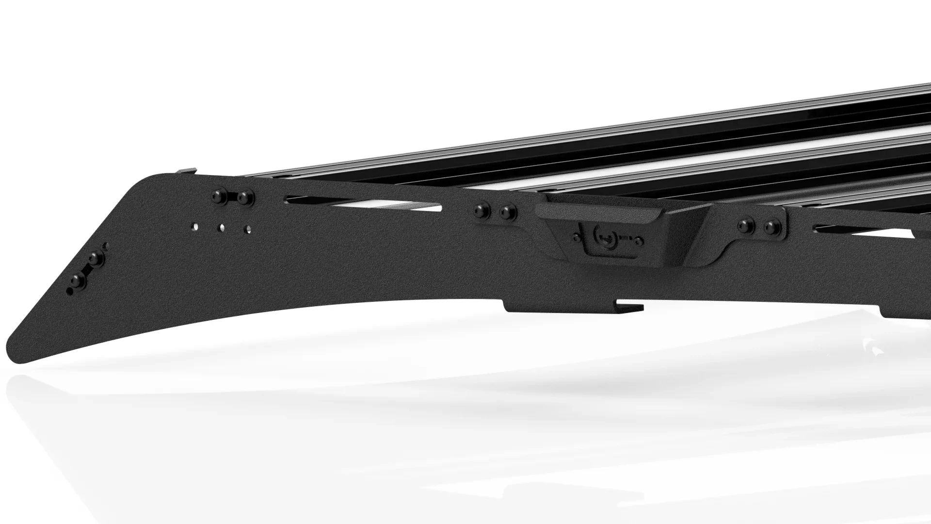 Black metal roof rack accessory handle mounted on side rail, ideal for overlanding vehicles