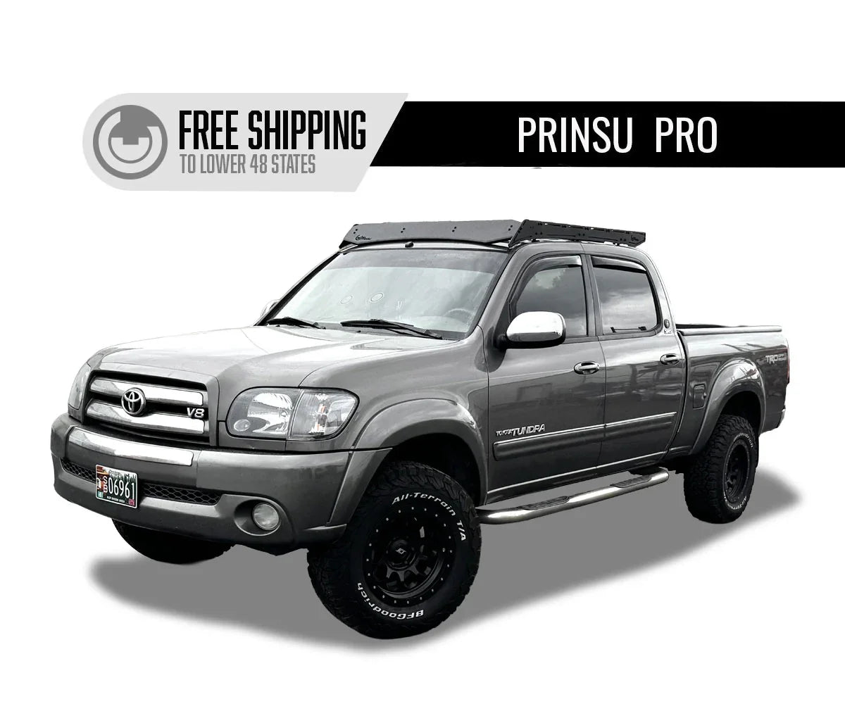 Toyota Tundra pickup with Prinsu Pro roof rack, off-road tires, overlanding accessory