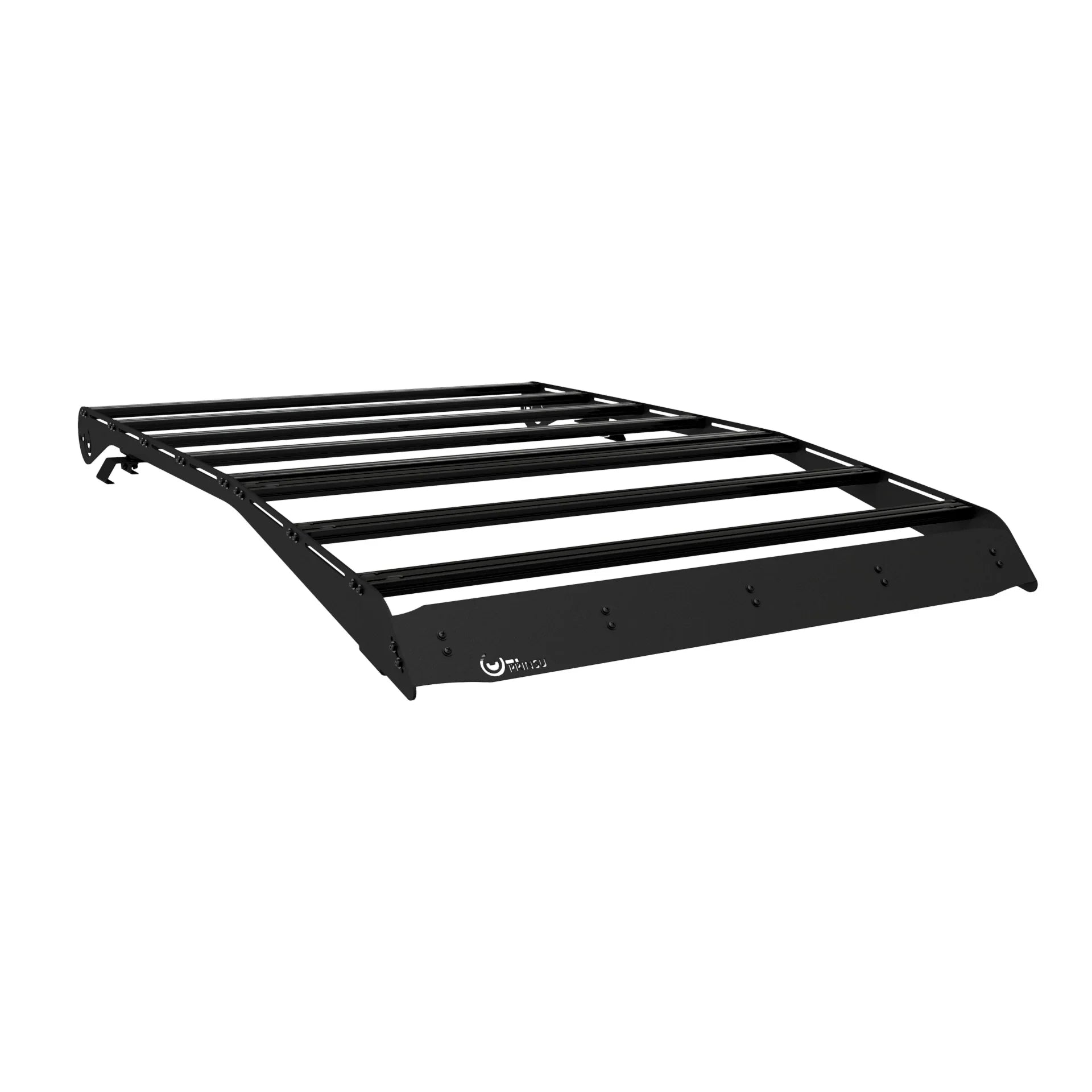 Black roof rack for overlanding vehicles, angled front corner view, isolated on white