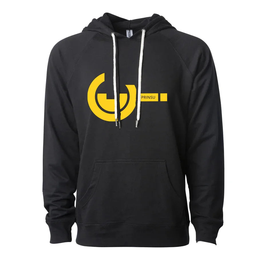 Black hoodie with yellow Prinsu logo and white drawstrings, front view