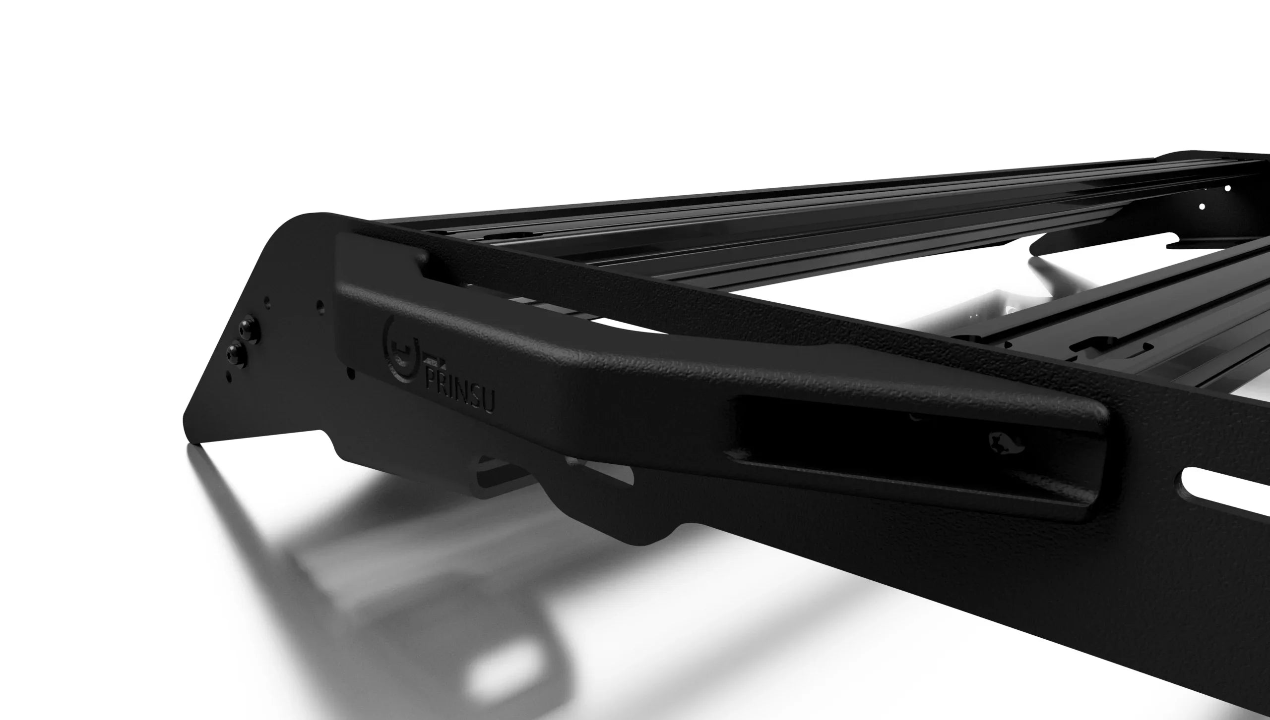 Black machined aluminum roof rack handle for overlanding vehicles, close-up view