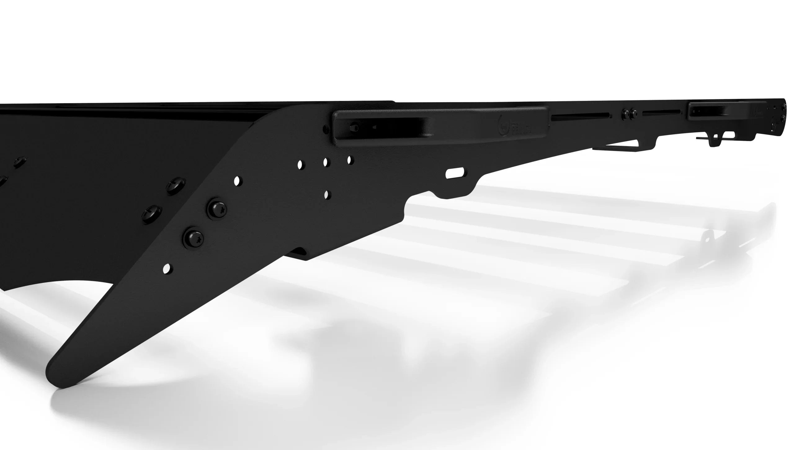 Black machined roof rack handle for overlanding vehicles, close-up on metal details