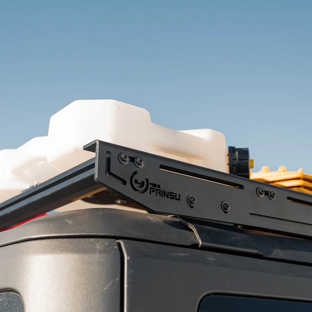 Prinsu Pro roof rack with fuel can mounted on a Ford Bronco for overlanding