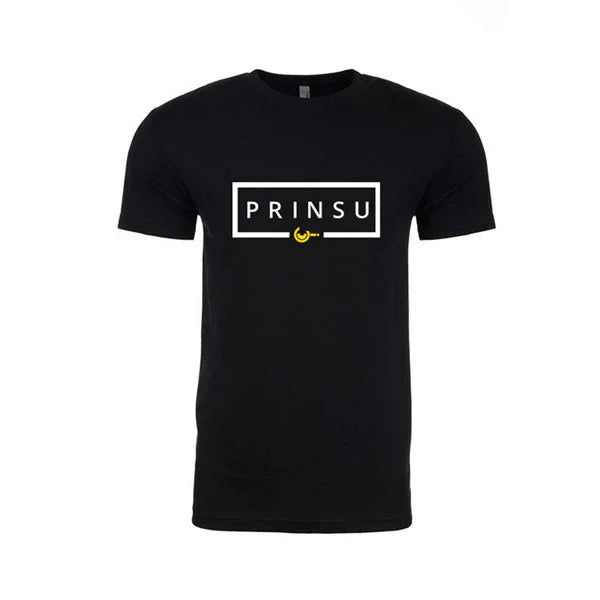 Black short sleeve t-shirt with PRINSU logo in white box across the chest