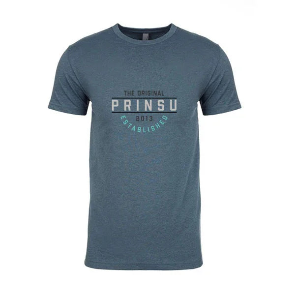 Indigo short sleeve t-shirt with PRINSU logo and 'Established 2013' text on front