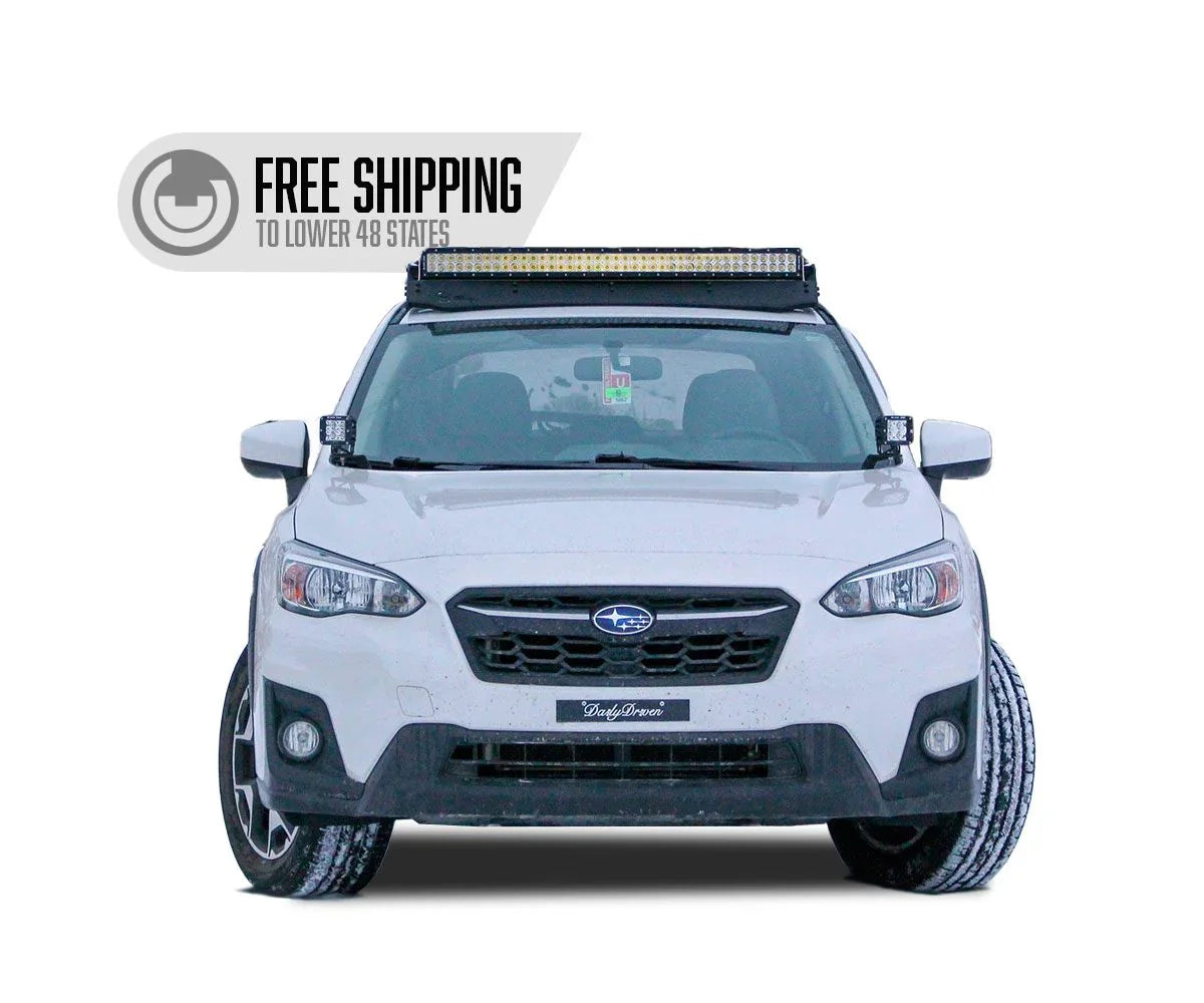 Front view of Subaru Crosstrek with roof rack and LED light bar, free shipping offer