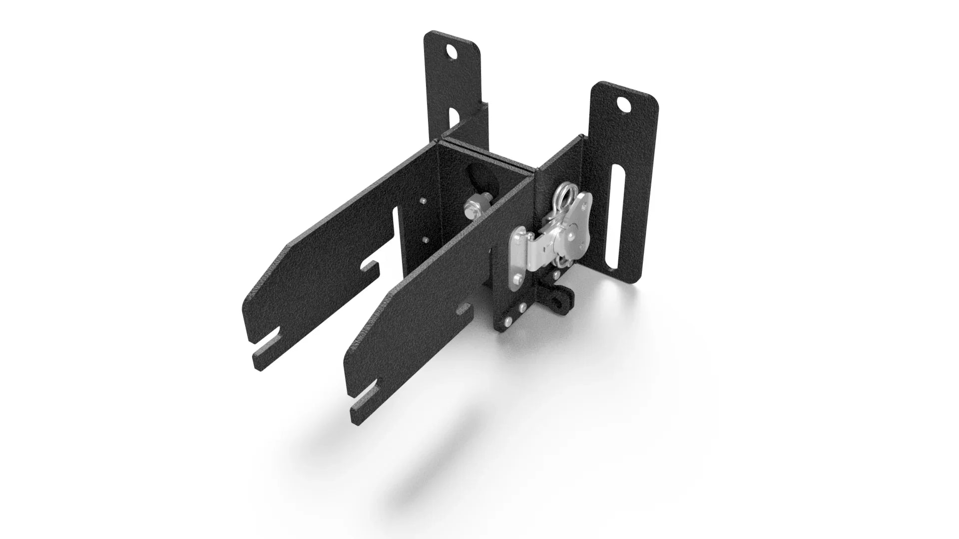 Quick release awning mount bracket for large vehicle awnings, heavy-duty black metal hardware.