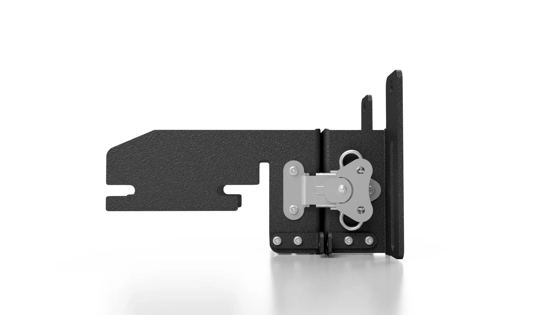 Quick release awning mounting bracket for large overland vehicle awnings, side view.