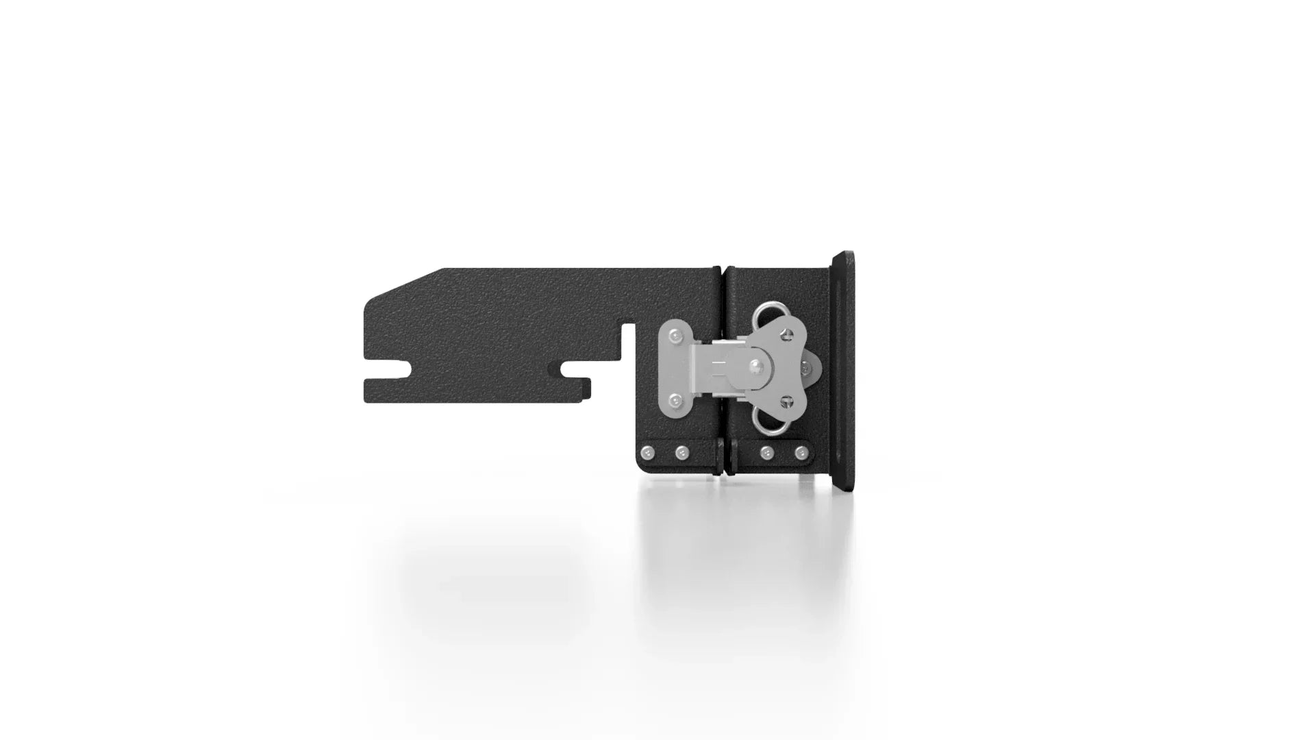 Quick-release awning mounting bracket for overlanding vehicles, black metal, isolated