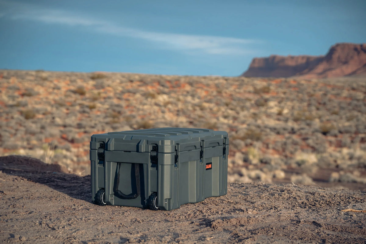 Rugged storage case for overlanding or expedition camping on desert terrain