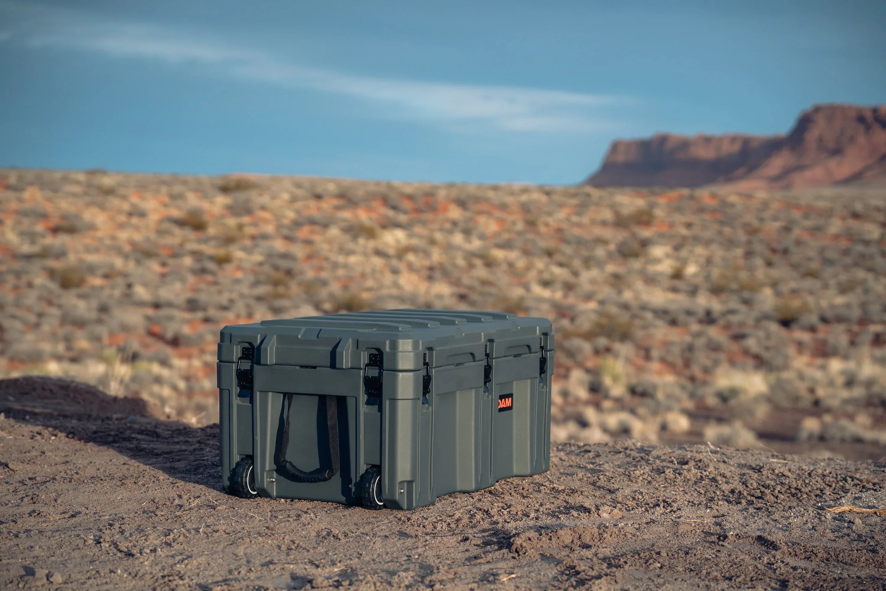 Rugged storage case for overlanding or expedition camping on desert terrain