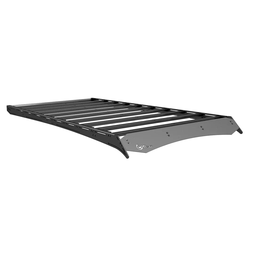 Black aluminum roof rack for off-road vehicle or overlanding SUV, angled front view