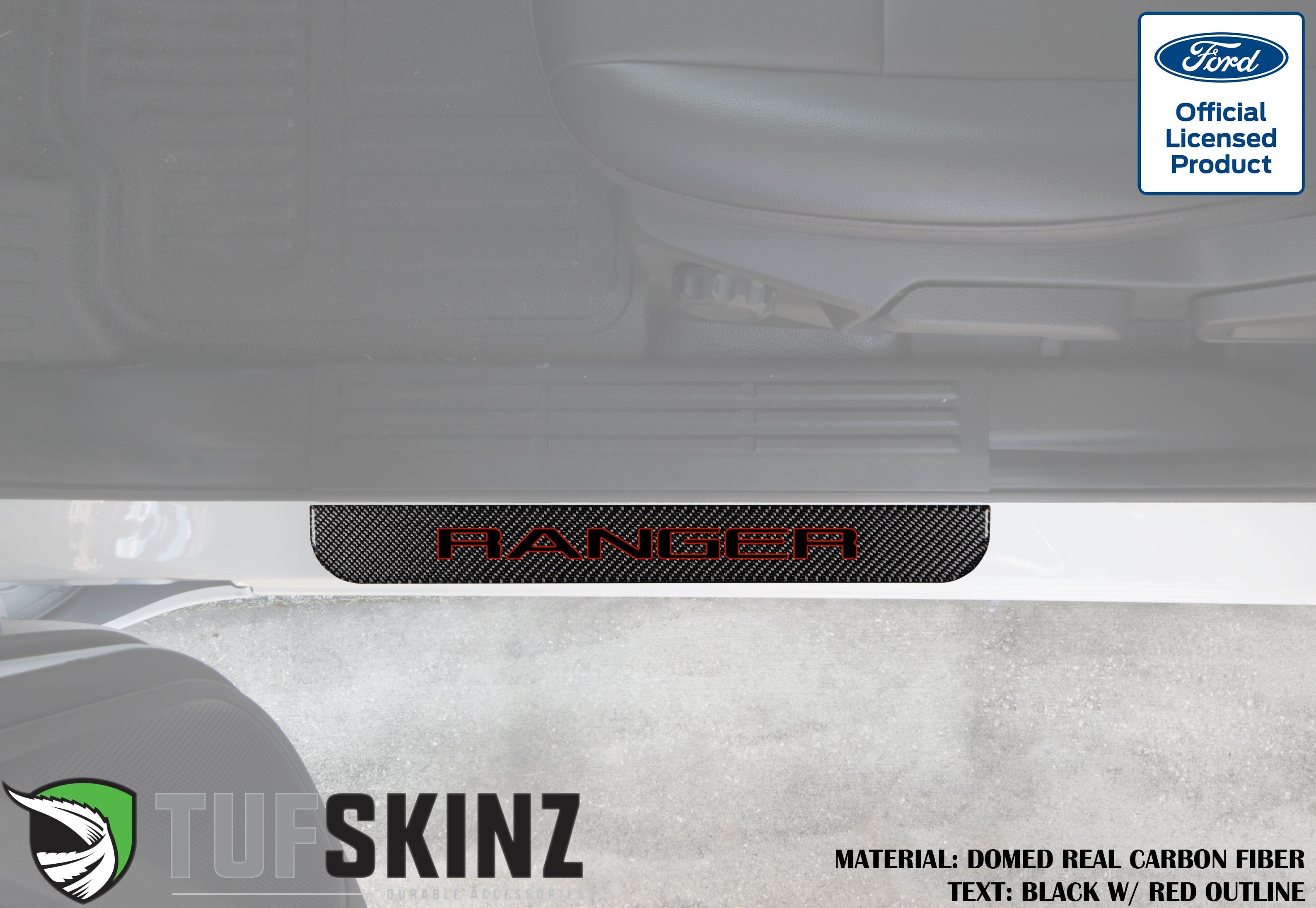 Ford Ranger carbon fiber door sill protector with red outlined lettering installed on vehicle