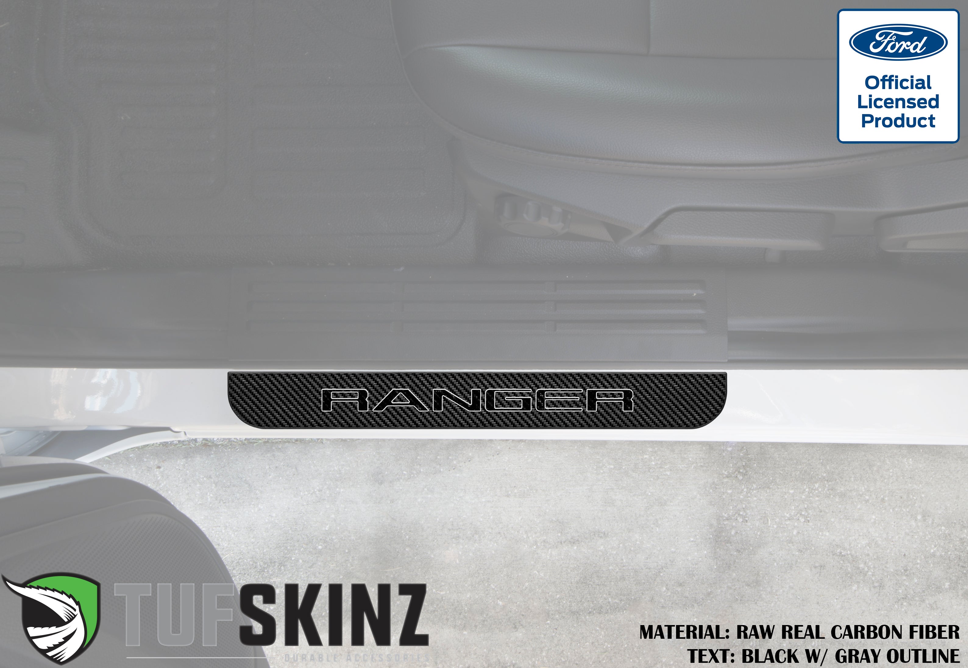Ford Ranger carbon fiber door sill protector with black and gray text, vehicle interior