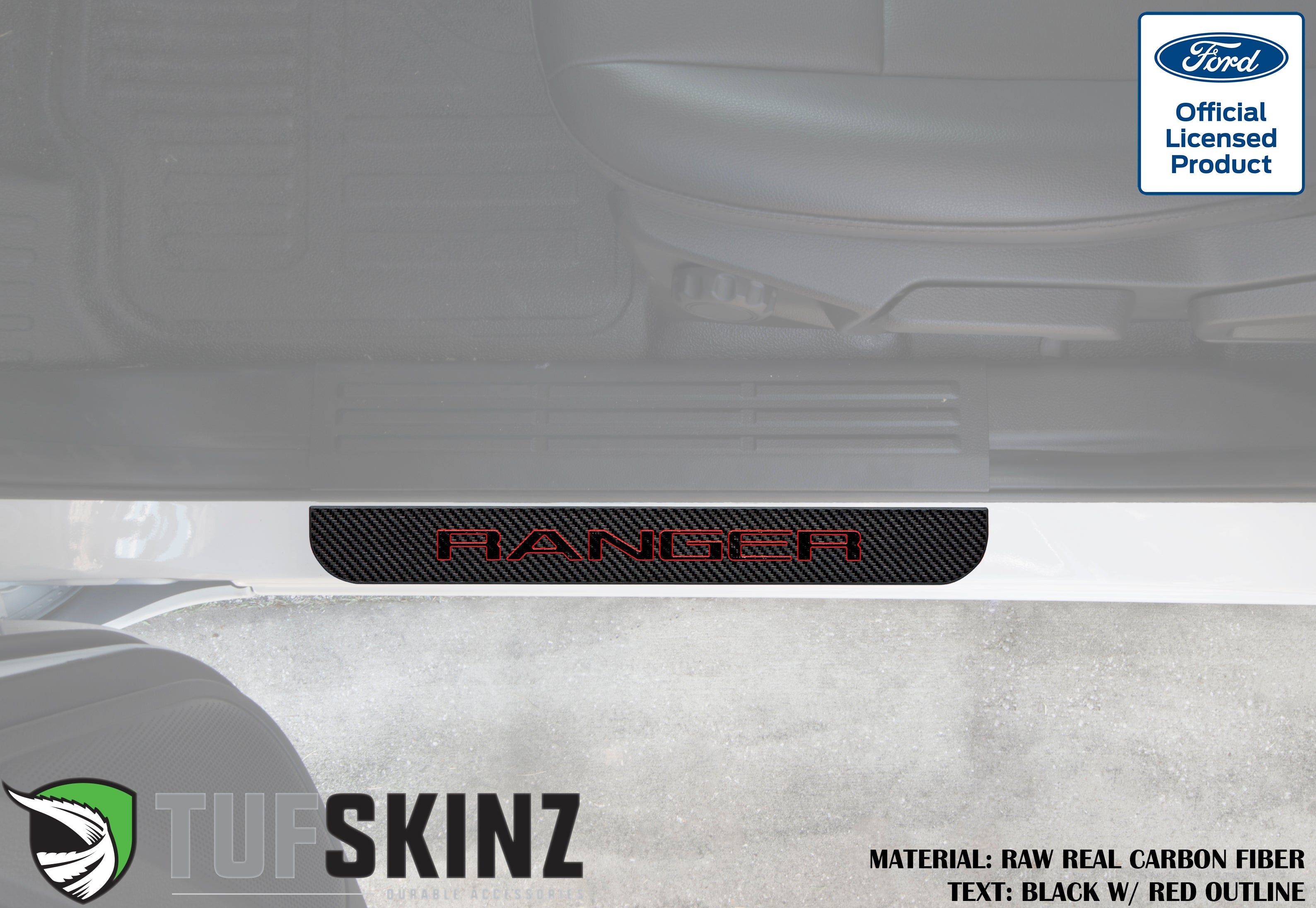 Ford Ranger carbon fiber door sill protector with red outlined logo on vehicle interior.