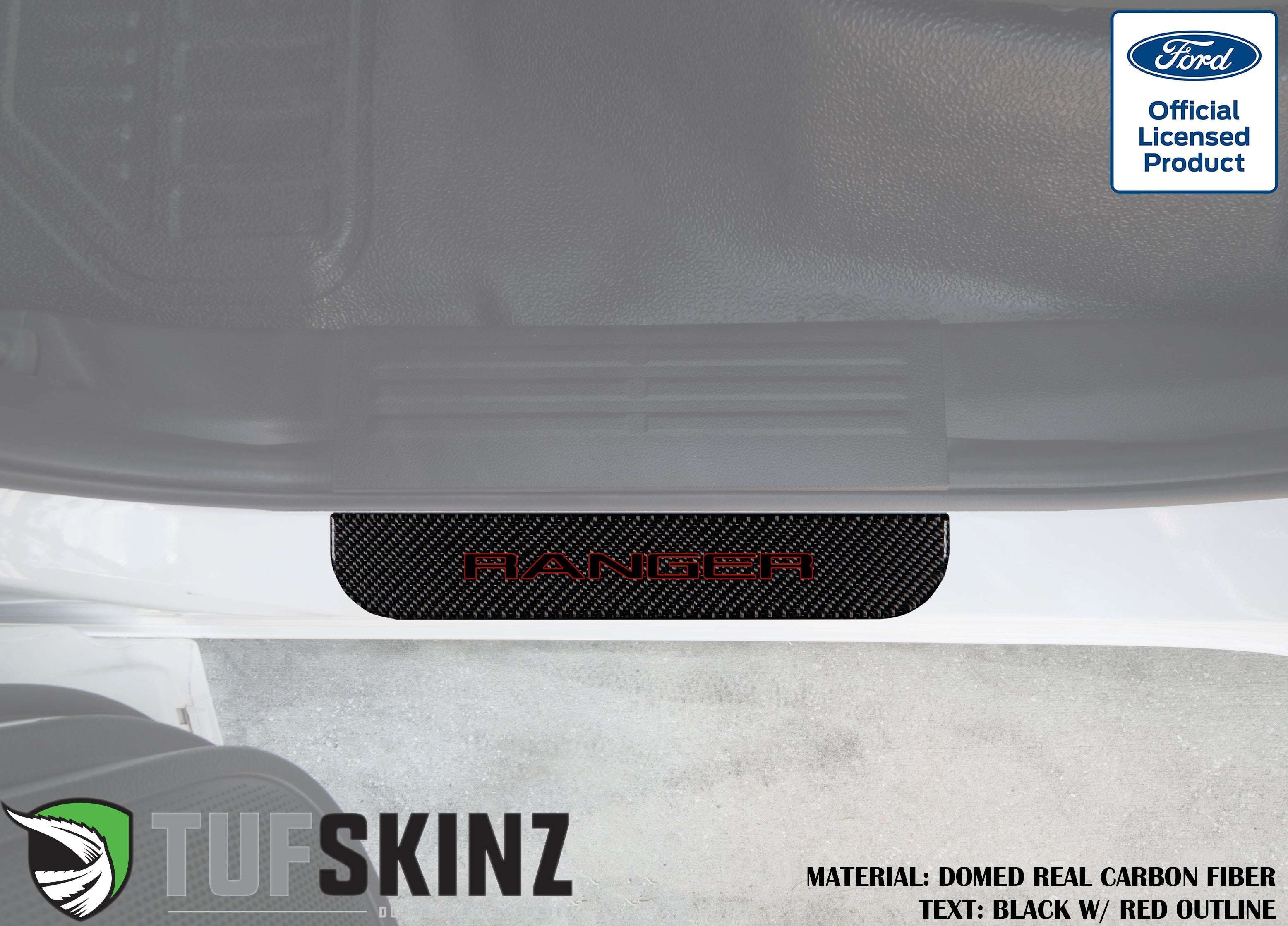 Ford Ranger carbon fiber door sill protector with black and red text, installed on vehicle.