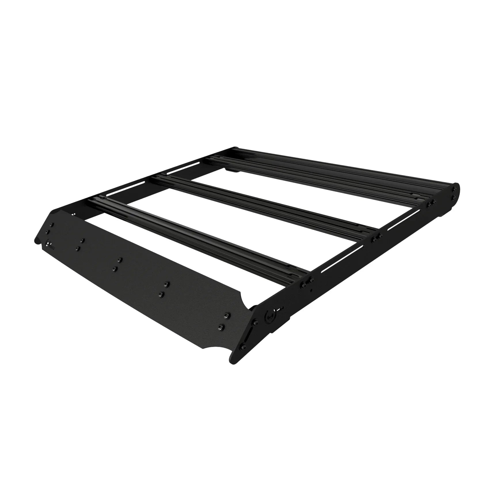 Black aluminum roof rack for off-road and overlanding vehicles, isolated on white