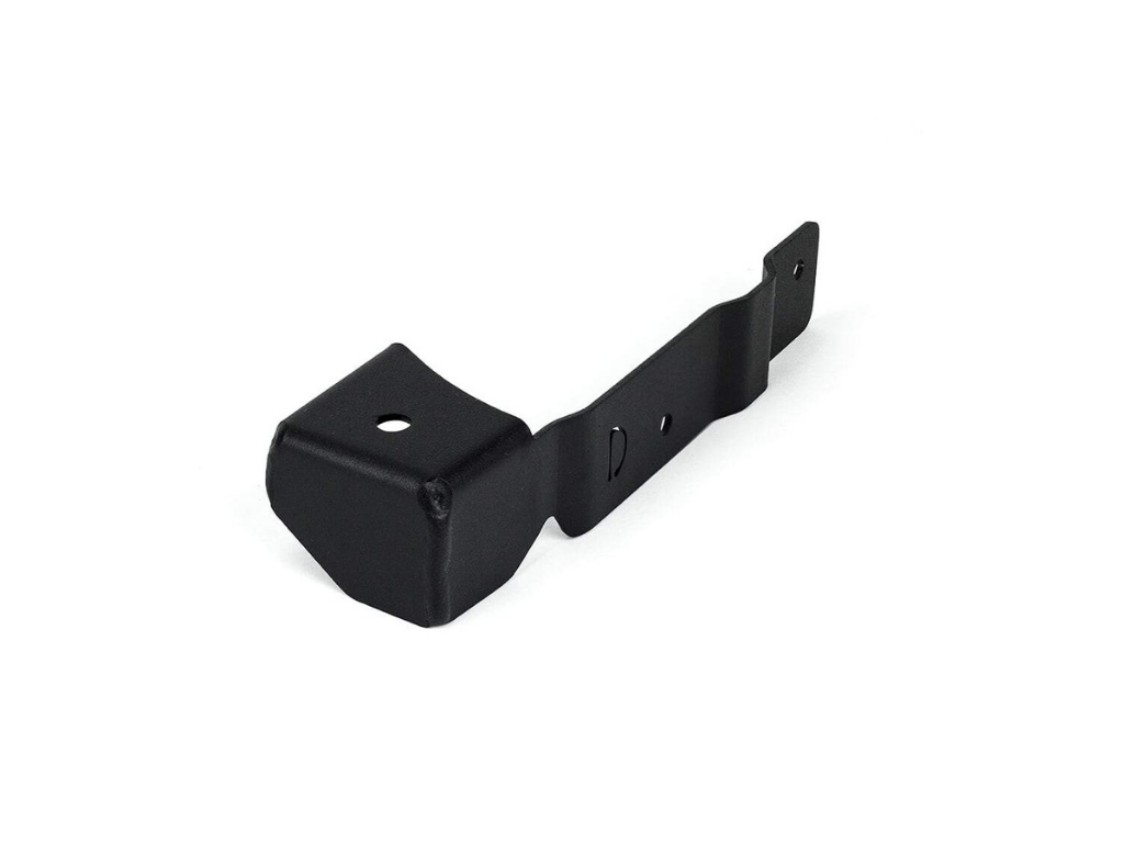 Black powder coated steel vehicle mounting bracket for overlanding or expedition gear