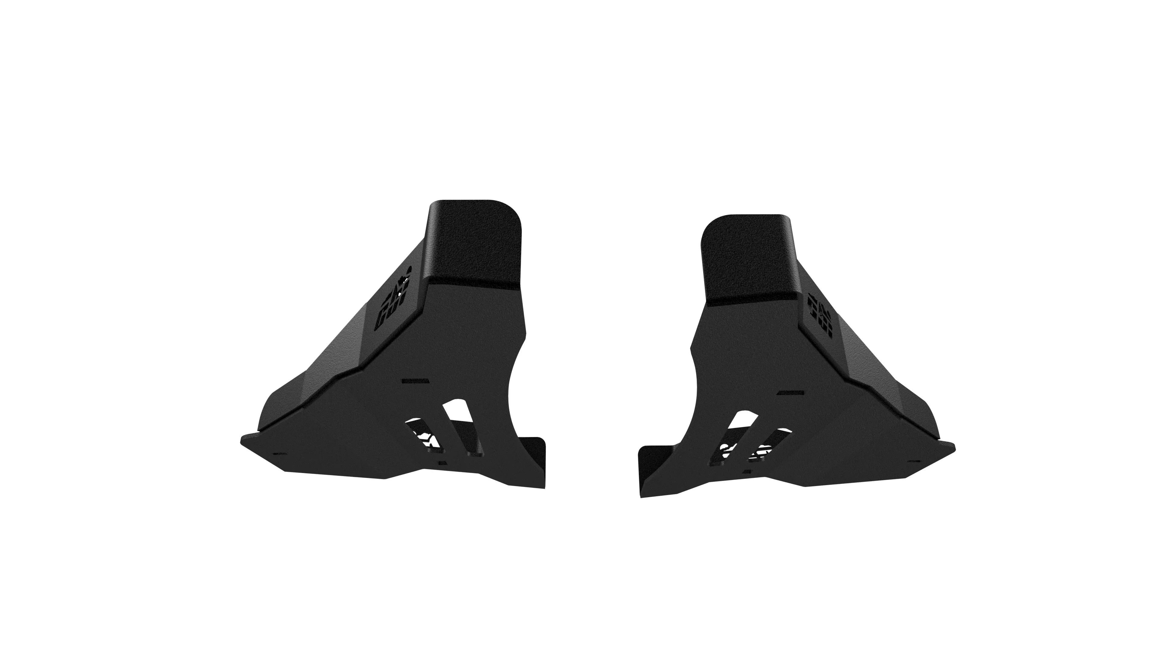 Pair of black metal rear bumper end caps for Toyota overlanding vehicles, white background