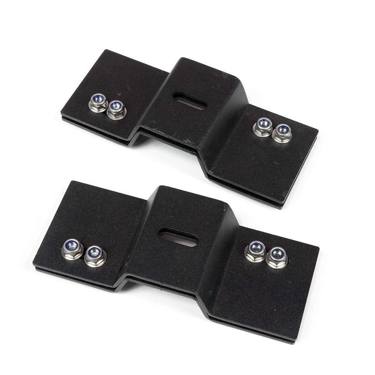 Pair of black metal tent mount brackets with bolts for overlanding roof racks